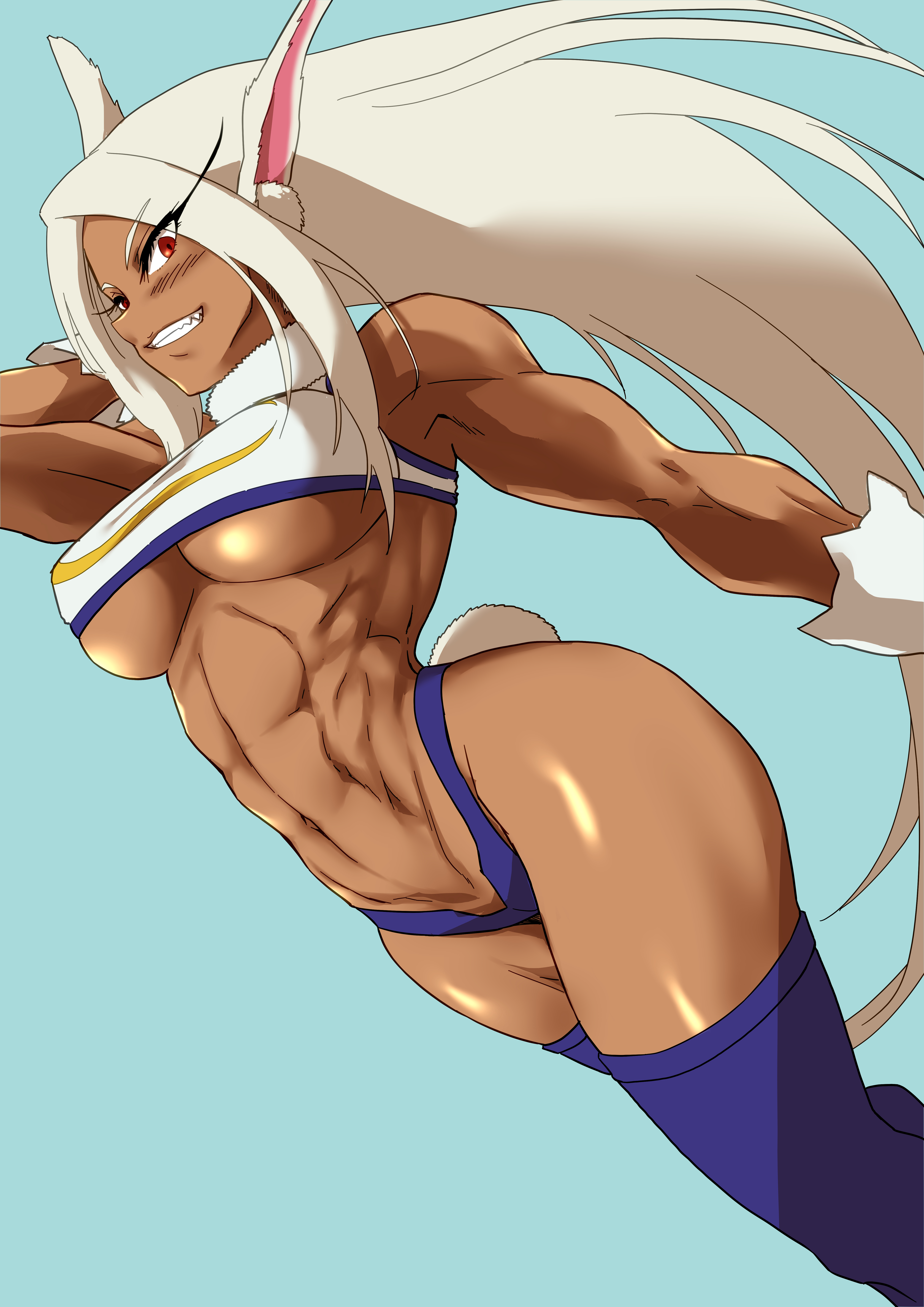 1girls, abs, absurdres, animal ears, arm behind head, arm up, armpits, bare shoulders, blue panties, blue thighhighs, blush, breasts, damos (child flame), dark skin, dark-skinned female, female, fur collar, gloves, grin, highleg, highleg panties, highres, large breasts, light blue background, long eyelashes, long hair, looking at viewer, miruko, muscular, muscular female, my hero academia, navel, obliques, panties, parted bangs, rabbit ears, rabbit girl, rabbit tail, red eyes, rumi usagiyama, shiny skin, shounen jump, smile, solo, sports bra, stomach, tail, teeth, thighhighs, thighs, thong, underboob, underwear, very long hair, white gloves, white hair, white sports bra
