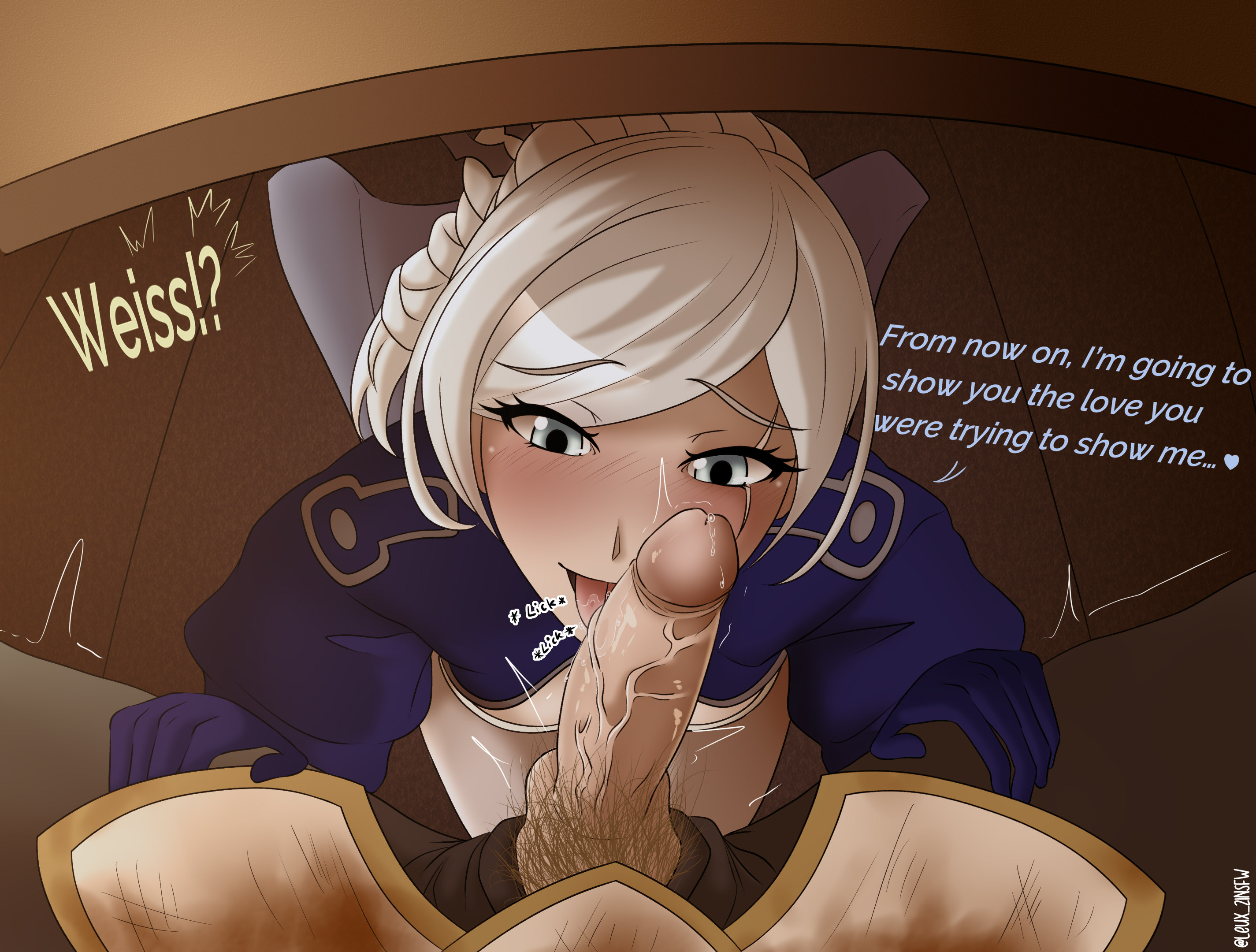 1boy, 1girls, english text, female, grey eyes, jaune arc, leux 21, licking, licking penis, long hair, male, penis, penis lick, rwby, scar, scar across eye, stealth fellatio, stealth oral, stealth sex, tagme, text, under the table, weiss schnee, white hair