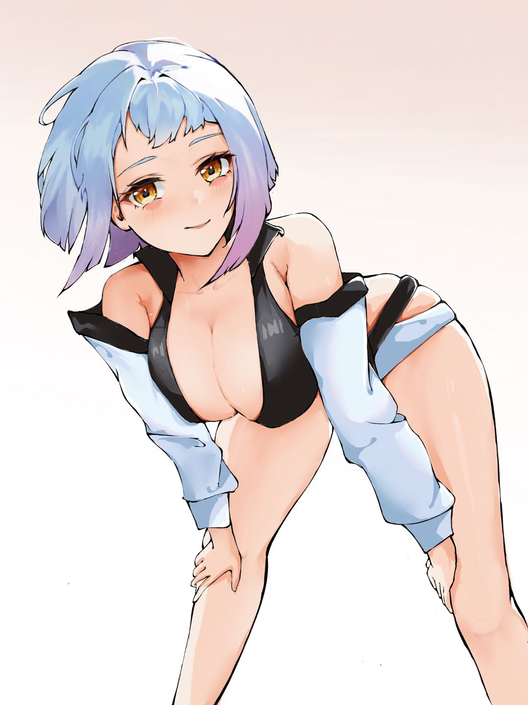 1girls, big breasts, breasts, cd projekt red, cleavage, cyberpunk 2077, cyberpunk: edgerunners, female, female only, light skin, light-skinned female, looking at viewer, lucyna kushinada, smile, smiling at viewer, studio trigger