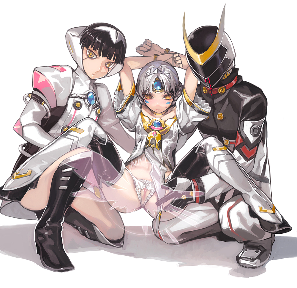 arms_up black_hair blood boots bracelet code_empress crotchless_panties elsword eve_(elsword) facial_mark female forehead_jewel helmet jewelry knee_boots looking_at_viewer nosebleed oberon_(elsword) ophelia_(elsword) panties presenting pussy silver_hair spread_legs underwear yellow_eyes