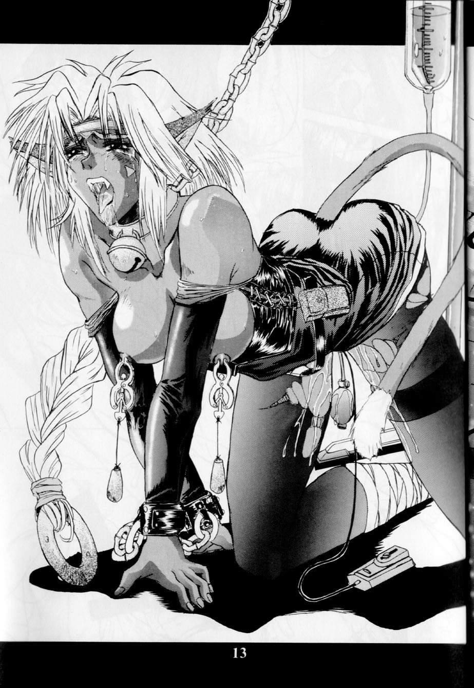 1girls aisha_clanclan animal_ears artist_request bondage breasts circlet clover_clamp collar dark-skinned_female dark_skin female humanoid large_breasts long_hair monochrome neck_bell nipple_clamps nipples outlaw_star scan solo weights white_hair