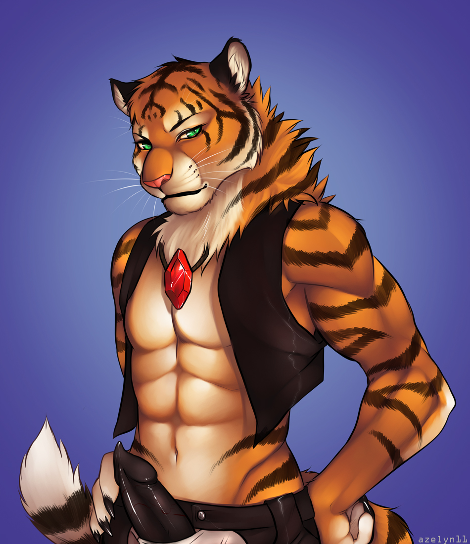 1boy anthro azelyn black_penis clothing erection feline fur furry green_eyes looking_at_viewer male male_only muscles necklace pants partran partran_(character) partran_(tiger) penis solo tiger vest