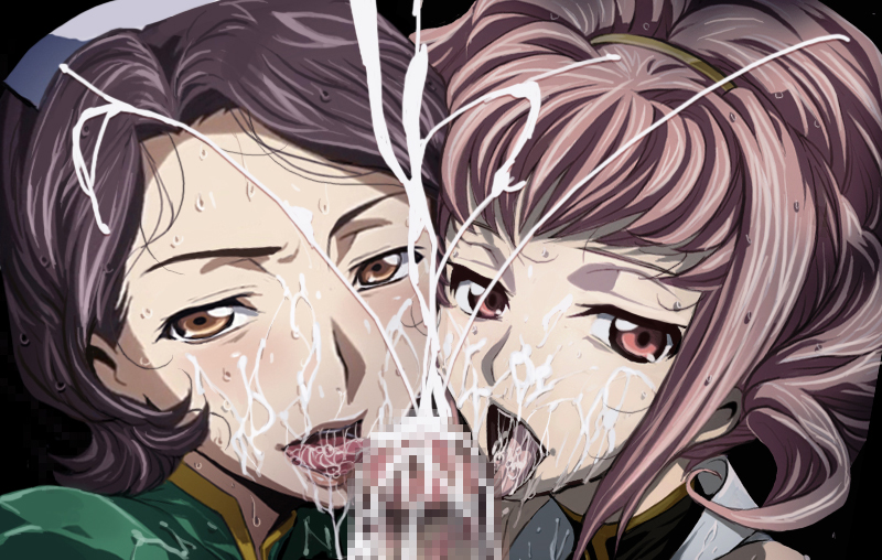 2girls anya_alstreim brown_eyes censored code_geass collaborative_fellatio cum cum_explosion cum_on_face ejaculation faceless_male facial fellatio hyottokoaki multiple_girls open_mouth penis pink_eyes pink_hair pov purple_hair saliva shinozaki_sayoko sweat teamwork tongue