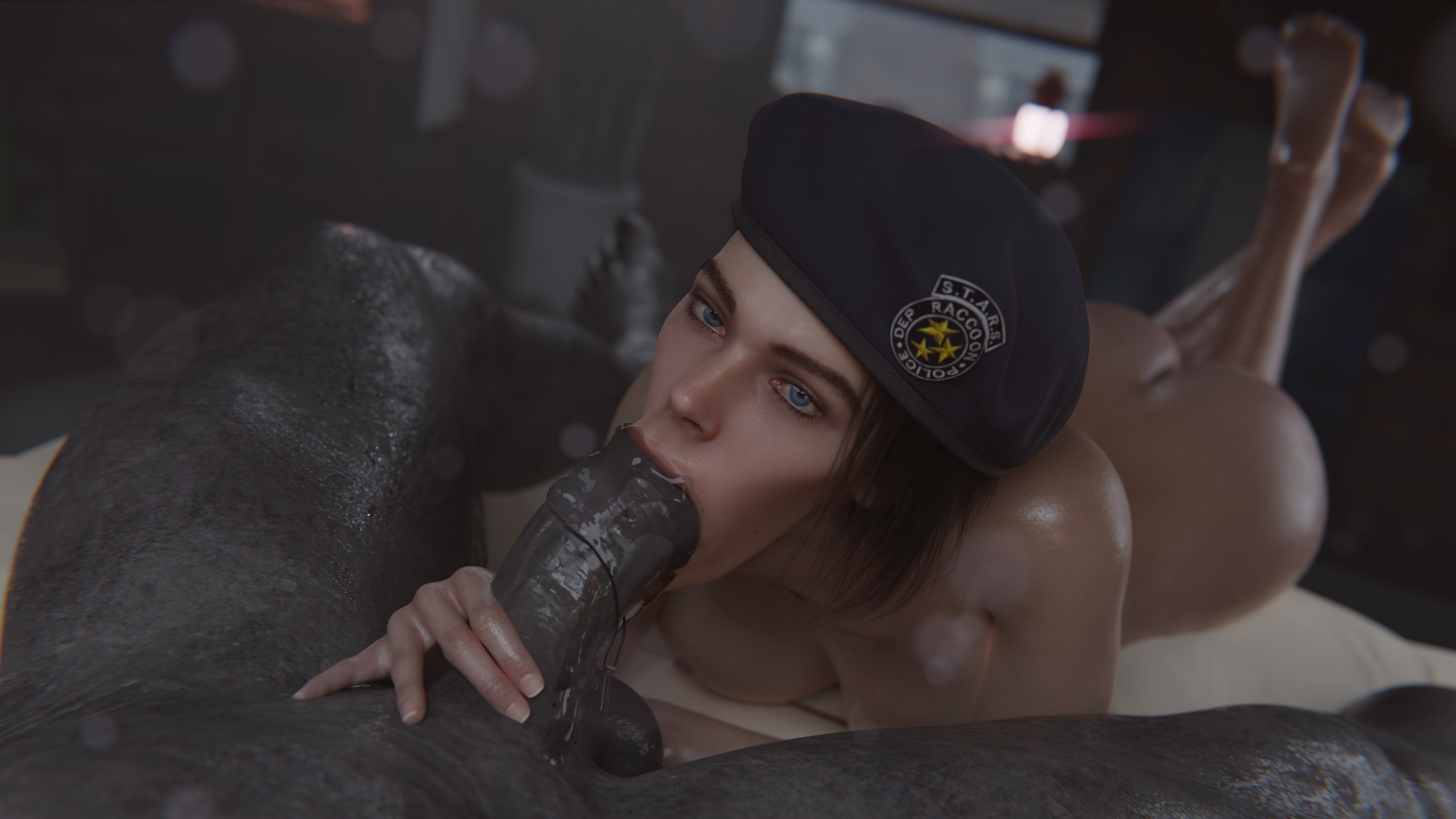 1boy, 1girls, 3d, areolae, ass, athletic, athletic female, bare ass, beret, big penis, blowjob, blue eyes, breasts, capcom, cock worship, couple, couple sex, female, female focus, happy, happy sex, happy trail, huge cock, jill valentine, jill valentine (sasha zotova), looking at viewer, love, lovers, male, monster, monster on female, mr x, nipples, nude, nude female, nudity, oral sex, penis, resident evil, resident evil 2, resident evil 2 remake, resident evil 3, resident evil 3 remake, size difference, stephanie23, tyrant
