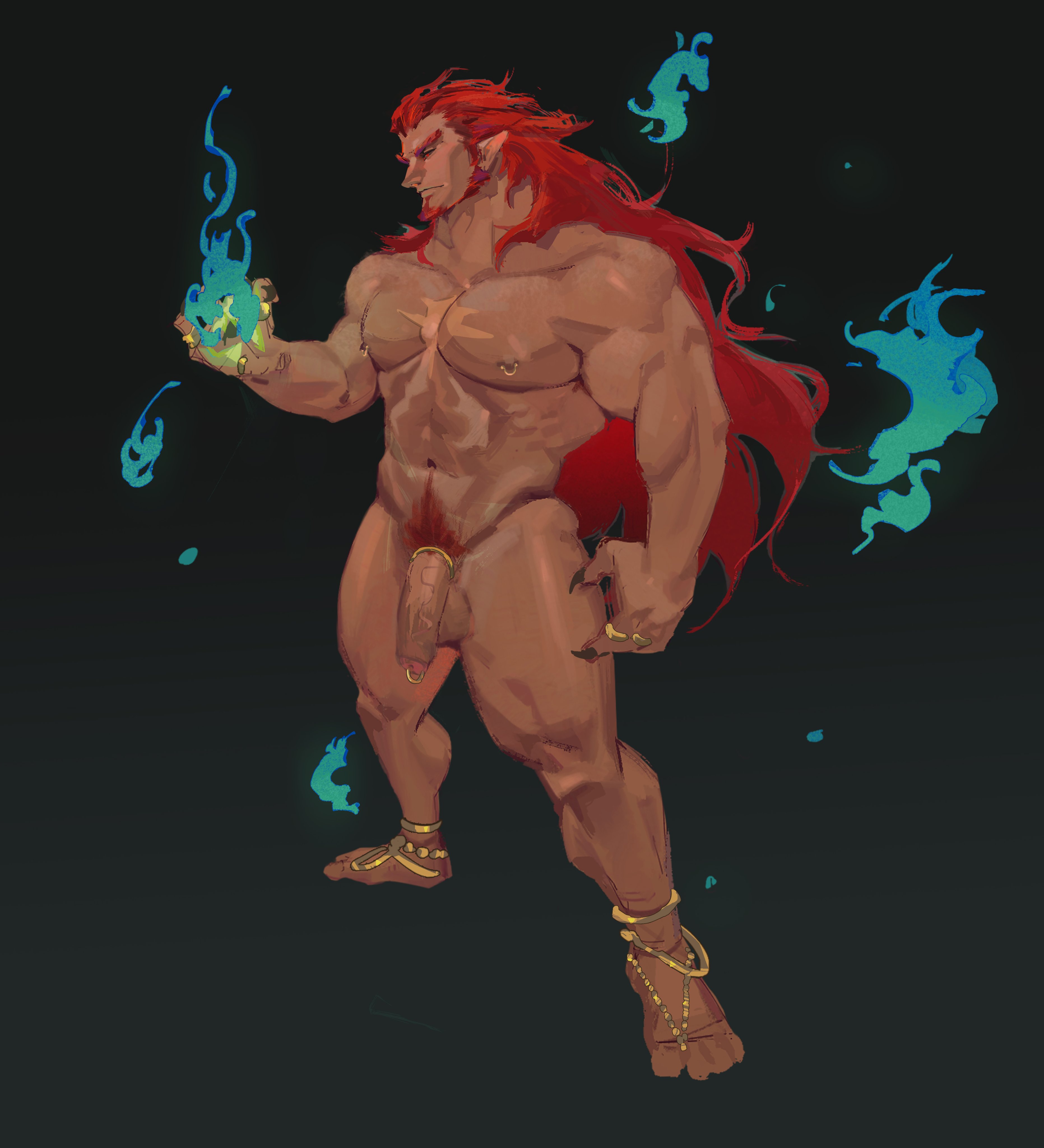 balls, bara, beard, facial hair, flaccid, ganondorf, gerudo, jewelry, male, male only, muscles, muscular, nintendo, nipple piercing, nipples, nude, penis, penis piercing, piercing, prince albert piercing, red hair, rehydrated ganondorf, solo, solo male, tears of the kingdom, the legend of zelda, yangtuokawayi, yaoi