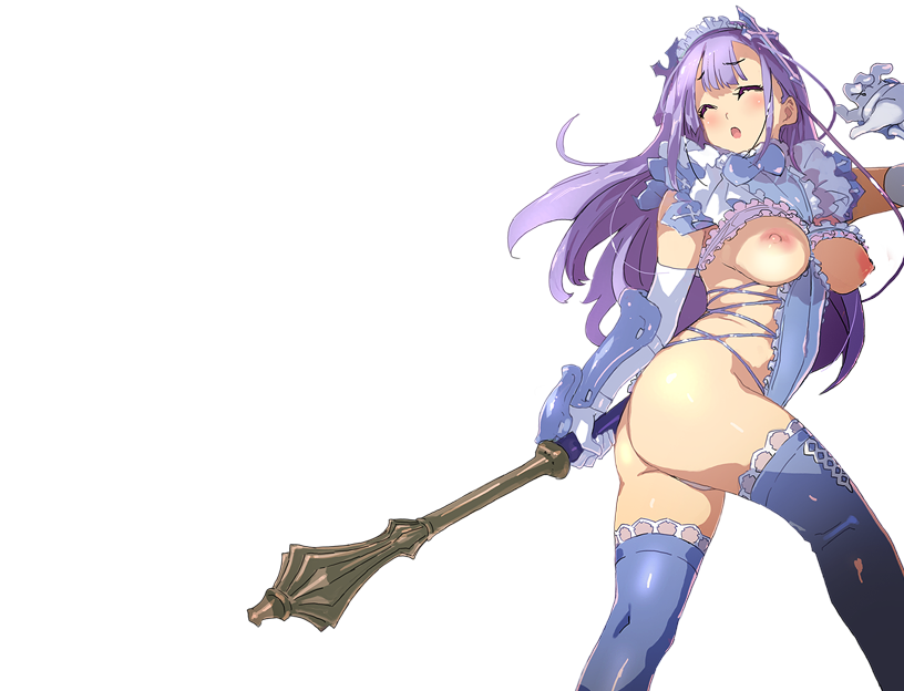 1girls big_breasts bikini bikini_armor bikini_armor_explorers breasts female female_only frills mace medium_breasts purple_hair solo stockings transparent_background tubetop tubetop_lift wardrobe_malfunction