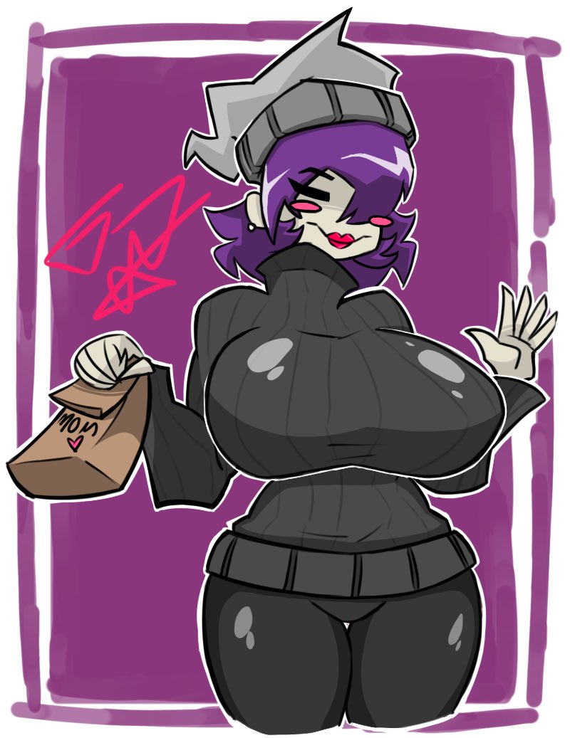 1girls beanie black_legwear blush closed_eyes gr8p_ju1ce grapejuicerulez hair_over_one_eye holding_object lipstick milf purple_hair red_lipstick sweater