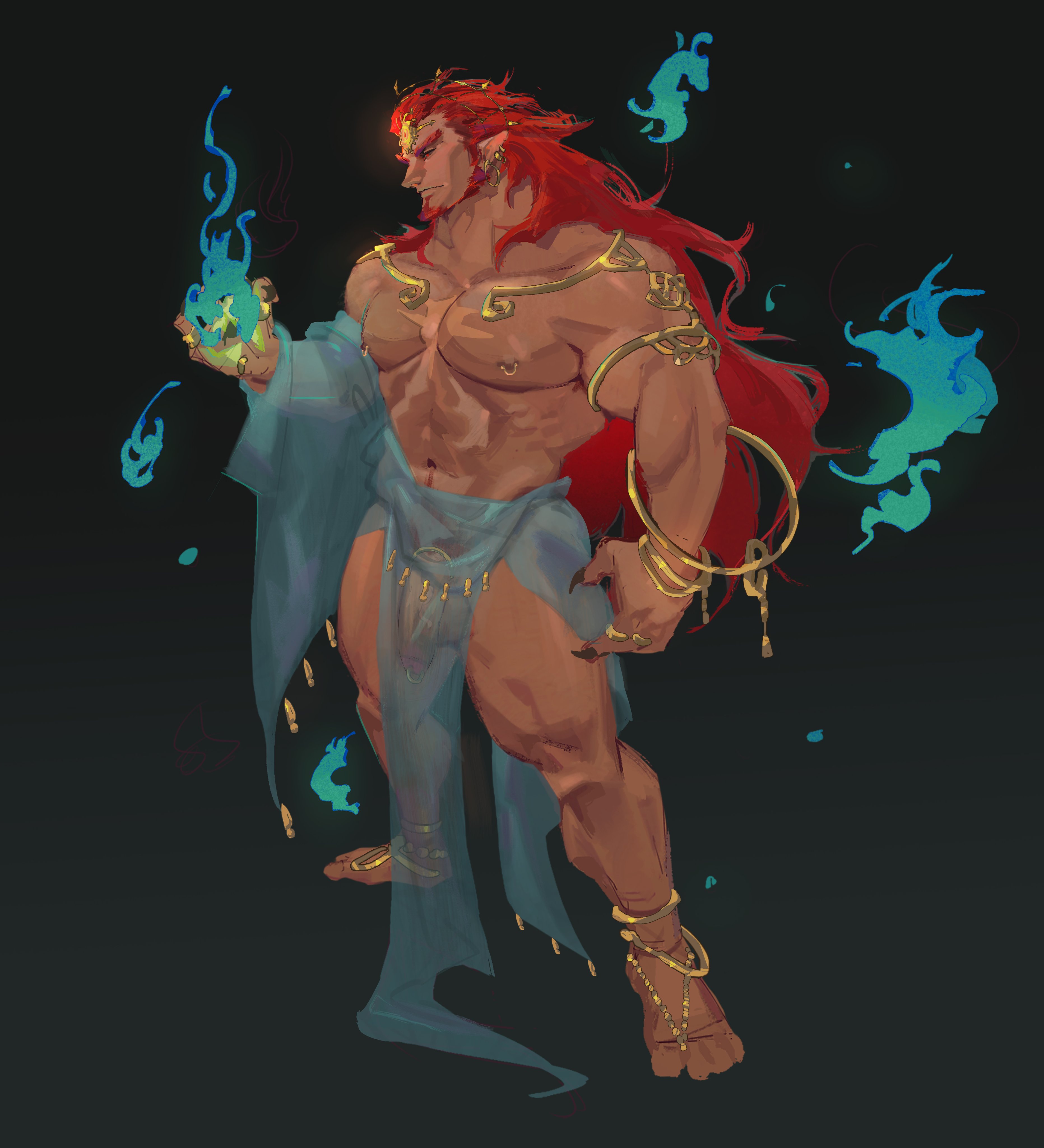 balls, bara, beard, ear piercing, facial hair, flaccid, ganondorf, gerudo, jewelry, male, male only, muscles, muscular, nintendo, nipple piercing, nipples, penis, penis piercing, piercing, prince albert piercing, red hair, rehydrated ganondorf, see-through clothing, solo, solo male, tears of the kingdom, the legend of zelda, yangtuokawayi, yaoi