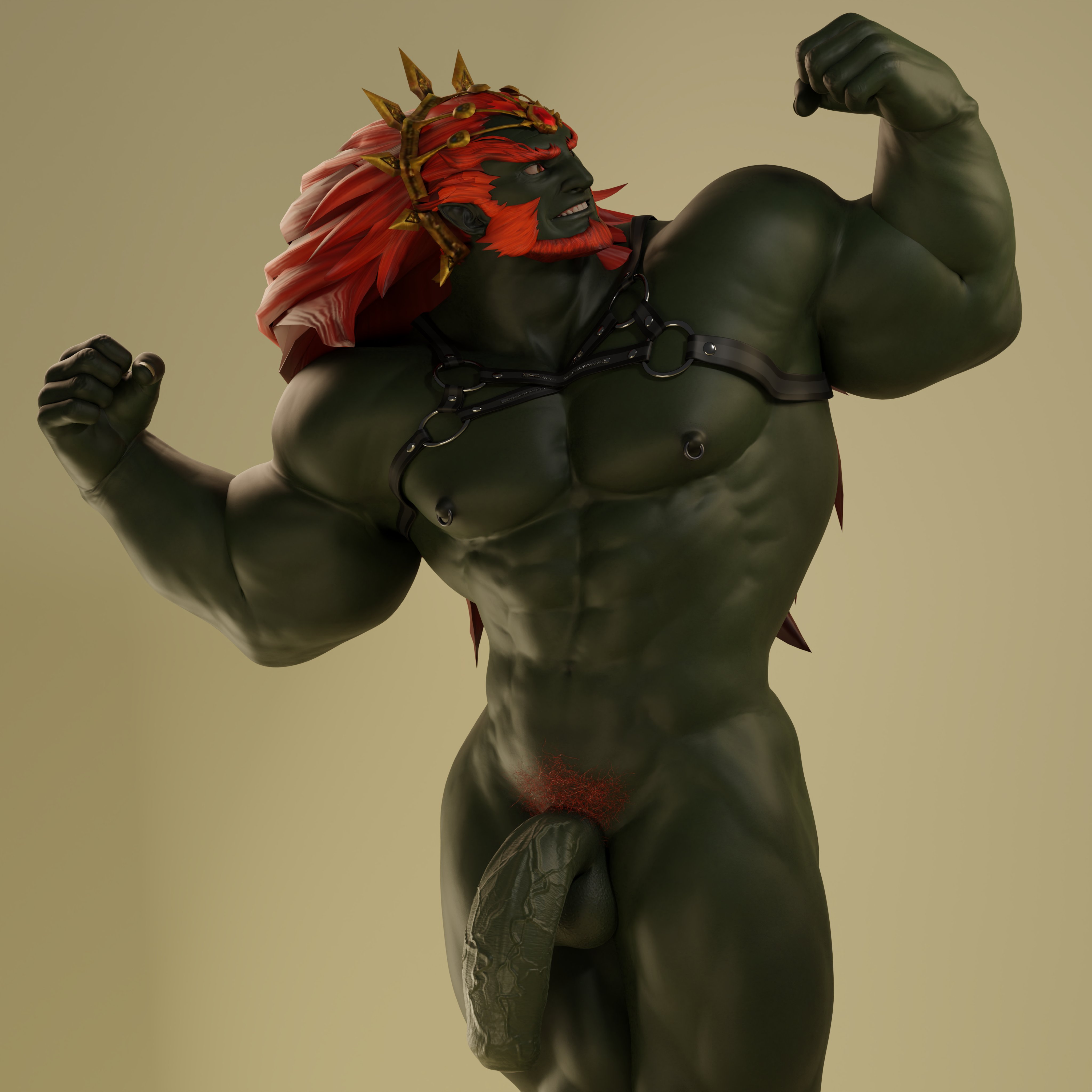 1boy, 3d, 3d (artwork), balls, bara, beard, big penis, facial hair, flaccid, flexing, foreskin, ganondorf, ganondorf (hyrule warriors), gay, gerudo, harness, humanoid, hyrule warriors, leather harness, male, male only, muscles, muscular, navel, nintendo, nipple piercing, nipples, nude, penis, pubes, pubic hair, red hair, solo, solo male, the legend of zelda, uncircumcised, uncut, voluox, yaoi