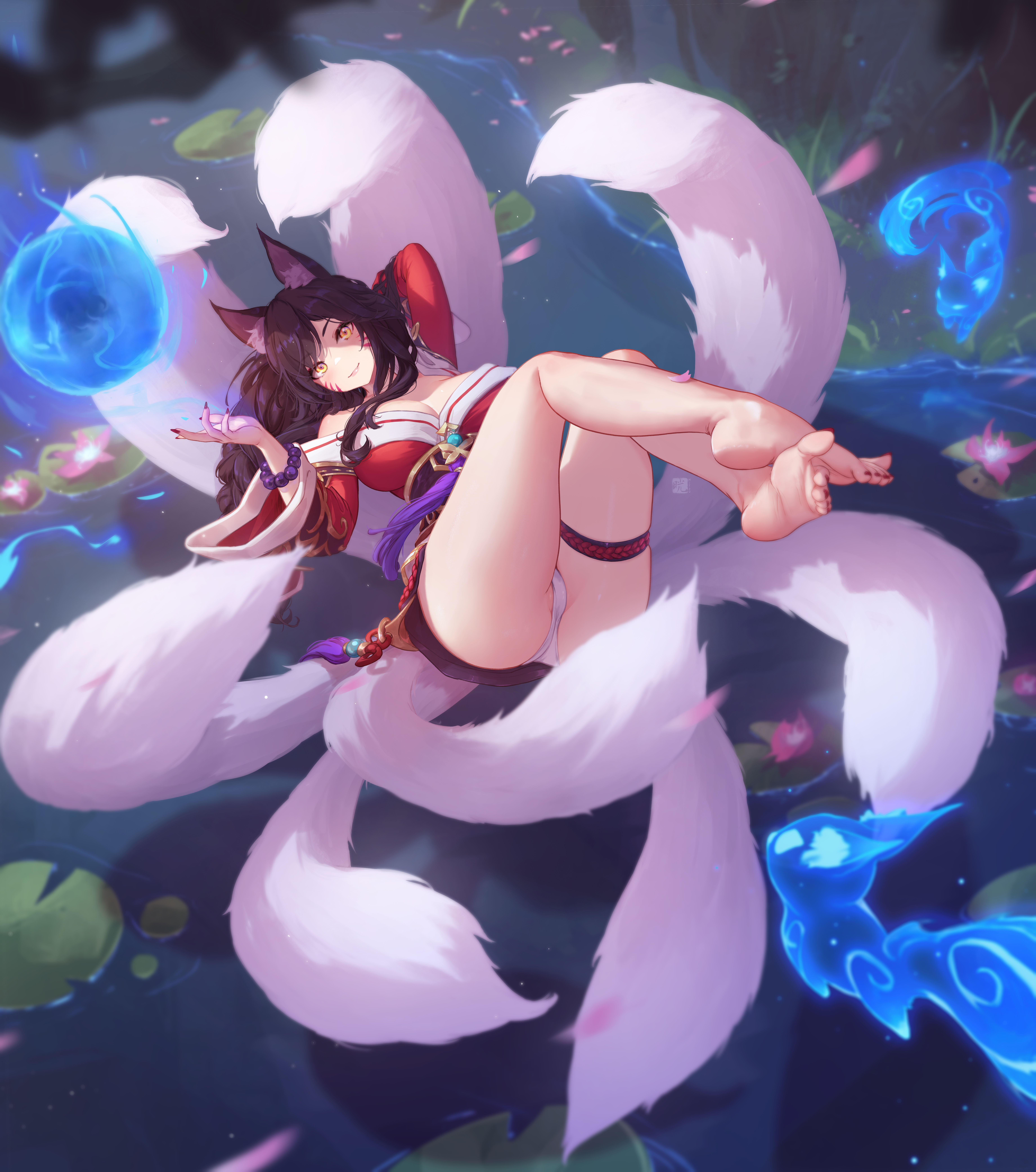 ahri, animal ear fluff, animal ears, animal girl, barefoot, big breasts, black hair, breasts, busty, child bearing hips, cleavage, clothing, color, curvaceous, curves, curvy, curvy body, curvy female, curvy figure, curvy hips, eyelashes, eyeliner, eyeshadow, facial markings, feet, female, fluffy, fluffy ears, fluffy tail, fluffy tails, fox, fox ears, fox girl, fox tail, furry tail, hips, hourglass figure, humanoid, inner ear fluff, kemonomimi, kitsune, league of legends, light skin, light-skinned female, lips, lipstick, long hair, mitsu art, multi tail, nine tailed fox, pale skin, pale-skinned female, riot games, seduction, seductive, seductive eyes, seductive look, soles, tail, thighs, toes, uncensored, variant, vastaya, video games, voluptuous, yellow eyes