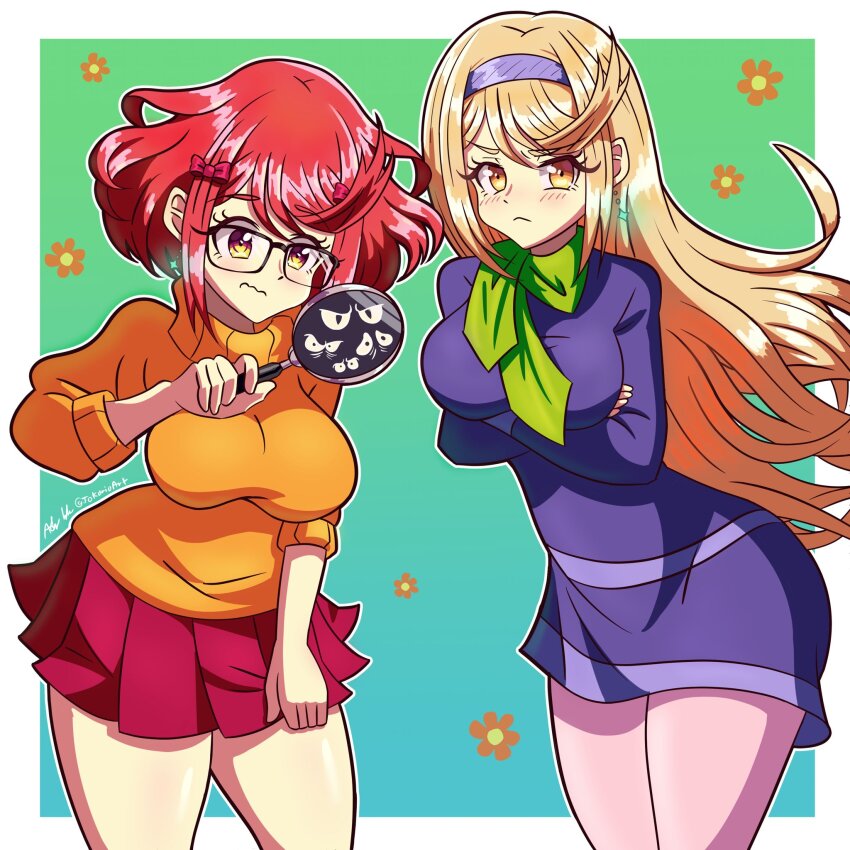 2girls alternate_costume big_breast big_breasts blonde blonde_hair blonde_hair_female blue_background breasts cosplay crossed_arms crossover daphne_blake daphne_blake_(cosplay) disembodied_eyes female female_focus female_only flower flower_background flowers glasses gradient_background handkerchief highres jokarioart large_breast large_breasts long_blonde_hair long_hair long_hair_female looking_down magnifying_glass multiple_girls mythra mythra_(xenoblade) pyra pyra_(xenoblade) red_eyes red_hair red_hair_female red_skirt ribbon scooby-doo short_hair short_hair_female short_red_hair skirt sweater tiara velma_dinkley velma_dinkley_(cosplay) xenoblade_chronicles_(series) xenoblade_chronicles_2 yellow_eyes