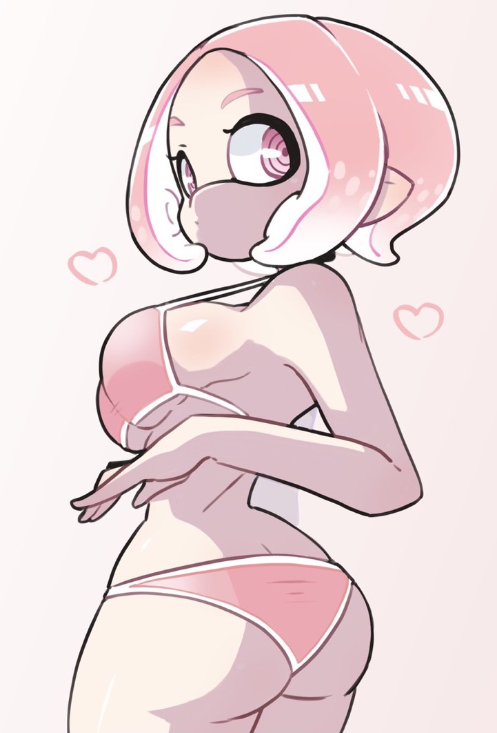 ass, big ass, bra, breasts, cute, female, heart, inkling, inkling girl, nintendo, panties, pink bra, pink eyes, pink hair, pink panties, splatoon, splatoon (series), whichdoll