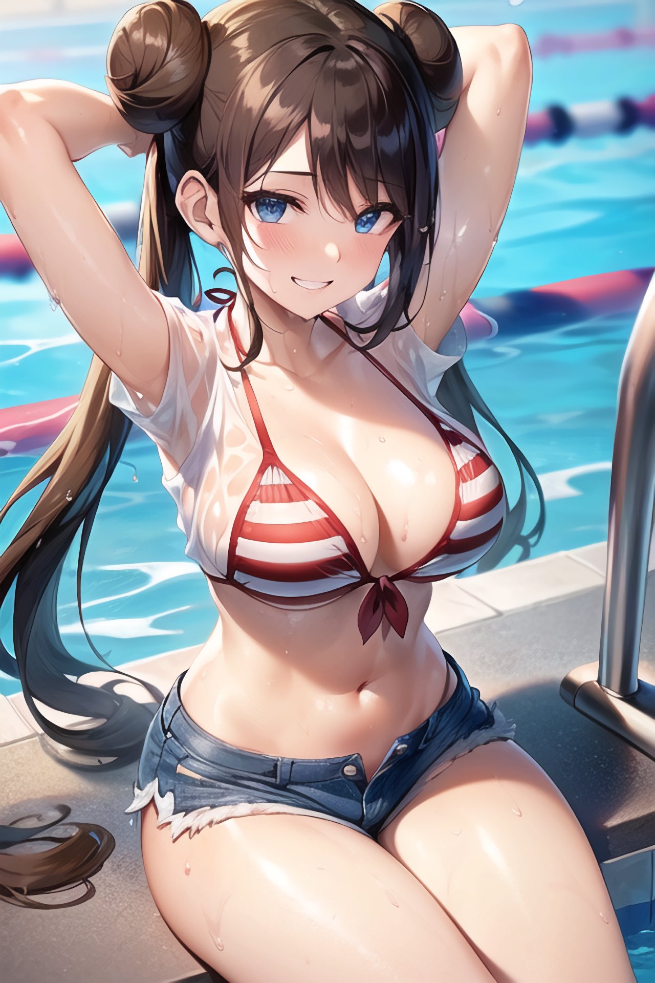 1girls, ai generated, bikini, blue eyes, booty shorts, breasts, brown hair, cleavage, female, game freak, huge breasts, light skin, light-skinned female, long hair, nintendo, outdoors, pokemon, pokemon bw2, rosa (pokemon), short shorts, shorts, smile, stable diffusion, striped bikini, thick thighs, thighs, twin buns, twintails