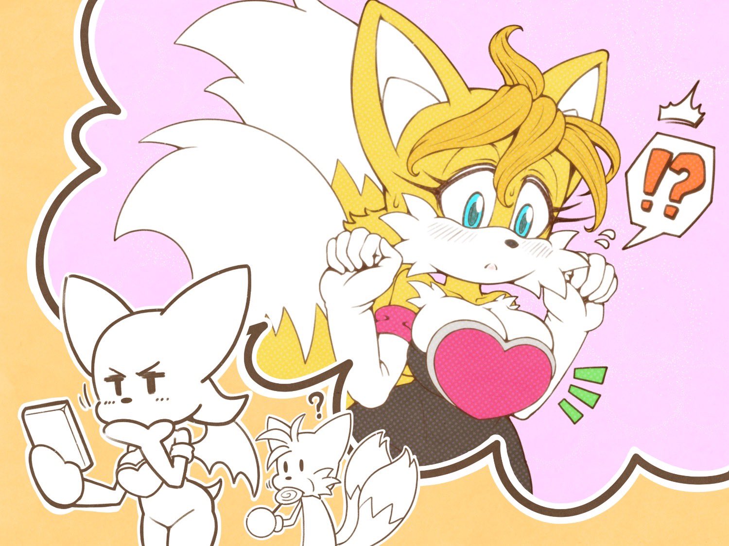 1boy, 2girls, bat, big breasts, breasts, female, fox, genderswap, genderswap (mtf), imagining, male, michiyoshi, older female, older female and younger male, outfit swap, rouge the bat, rule 63, sega, sonic (series), sonic the hedgehog (series), tagme, tails, tails the fox, tailsko, younger male