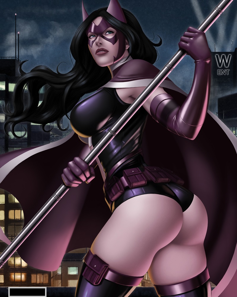 1girls, ass freckles, dc, dc comics, female, female only, helena bertinelli, huntress (dc), latex leotard, leotard, looking over shoulder, solo, staff, superheroine, tagme, utility belt