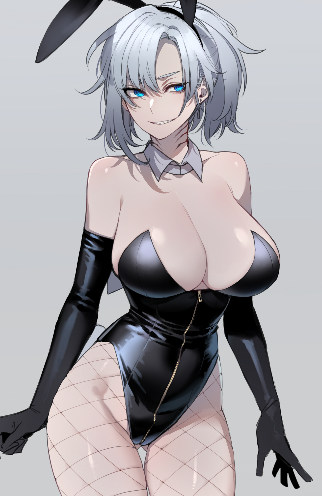1girls, blue hair, breasts, bunny ears, bunnysuit, cleavage, female, female only, fishnets, fully clothed, grey hair, huge breasts, ratatatat74, revealing clothes, shark girl, shark teeth, solo female, tight clothing