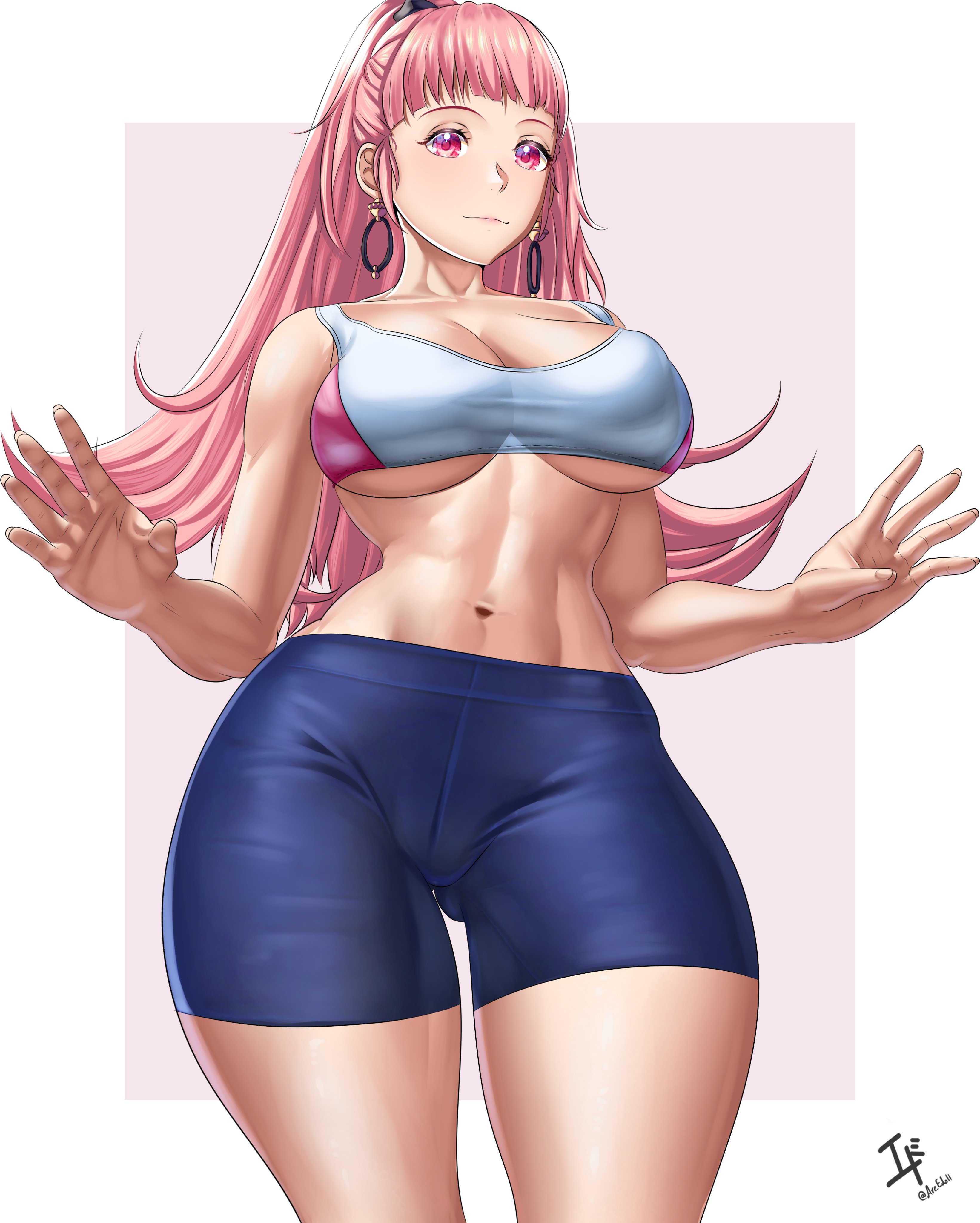 1girls, arcedo, ass visible through thighs, bangs, bare thighs, breasts, earrings, female, female only, fire emblem, fire emblem: three houses, hilda valentine goneril, large breasts, long hair, looking at viewer, nintendo, pink eyes, pink hair, ponytail, shorts, smile, solo, tank top, thighs, underboob, wholesome