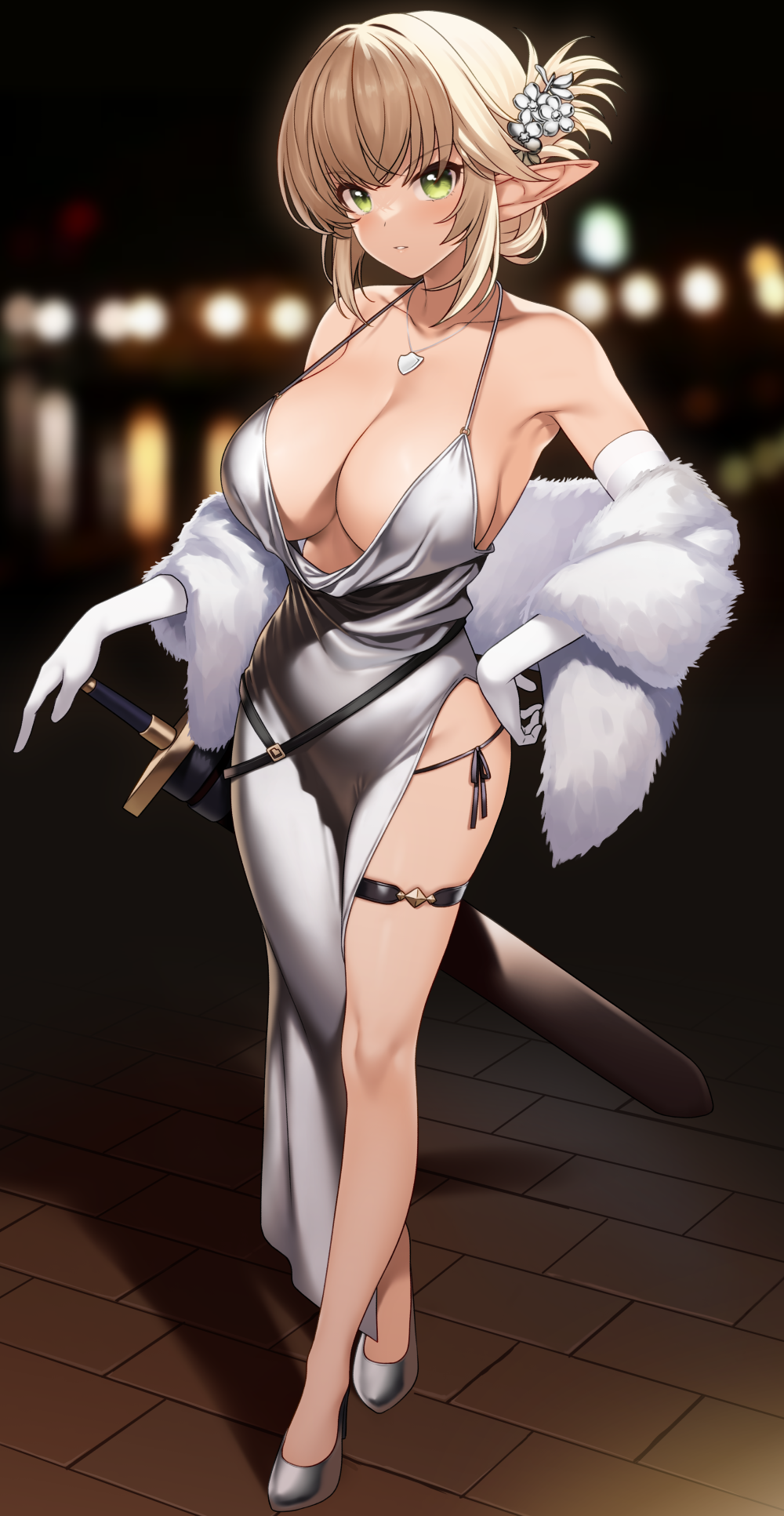 1girls 2023 aegis_(takunomi) armpits bare_shoulders blonde_hair blurry blurry_background breasts cleavage clothing dress elbow_gloves elf enjo_kouhai evening_gown feather_boa female female_only full_body gloves green_eyes grey_dress hair_ornament hand_on_hilt hand_on_hip high_heels highres jewelry large_breasts long_ears looking_at_viewer necklace night outdoors panties panty_straps pendant pointy_ears revealing_clothes serious shawl sheath sheathed side-tie_panties solo spaghetti_strap sword takunomi teeth thigh_strap thighs underwear weapon white_gloves