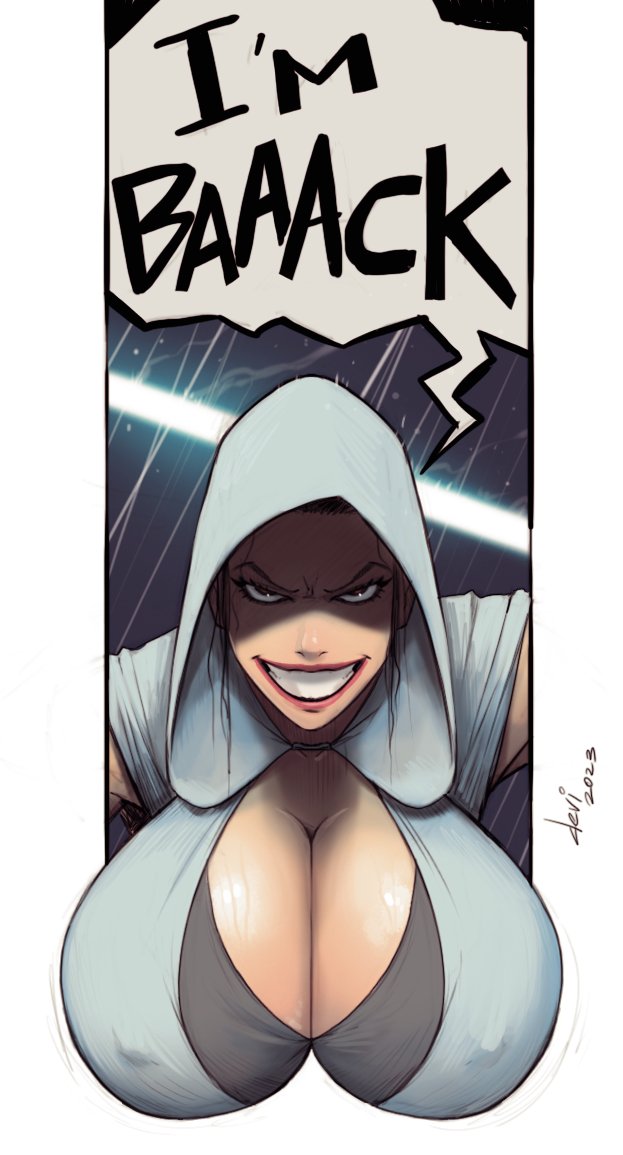 1girls 2023 alternate_breast_size big_breasts blue_lightsaber breasts_out_of_frame cleavage cloak devil_hs dialogue english_text female female_focus female_only fourth_wall fully_clothed huge_breasts large_breasts light-skinned_female light_skin lightsaber looking_at_viewer nipple_bulge outside_border pov rey sith_rey smiling solo solo_female solo_focus star_wars talking_to_viewer text