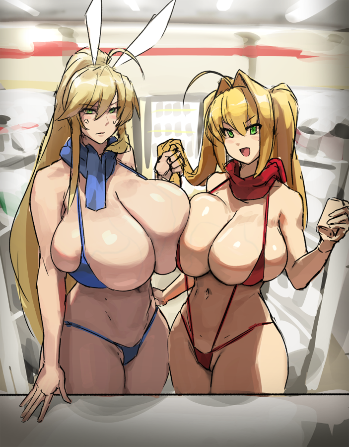 2girls alternate_breast_size artoria_pendragon artoria_pendragon_(lancer) artoria_pendragon_(swimsuit_ruler) asymmetrical_docking barely_contained bikini blonde_hair breasts bunny_ears bunny_girl colored_sketch eu03 fate/grand_order fate_(series) female green_eyes huge_breasts indoors large_breasts long_hair massive_breasts nero_claudius_(fate) ponytail sling_bikini smile spilling_out standing twintails