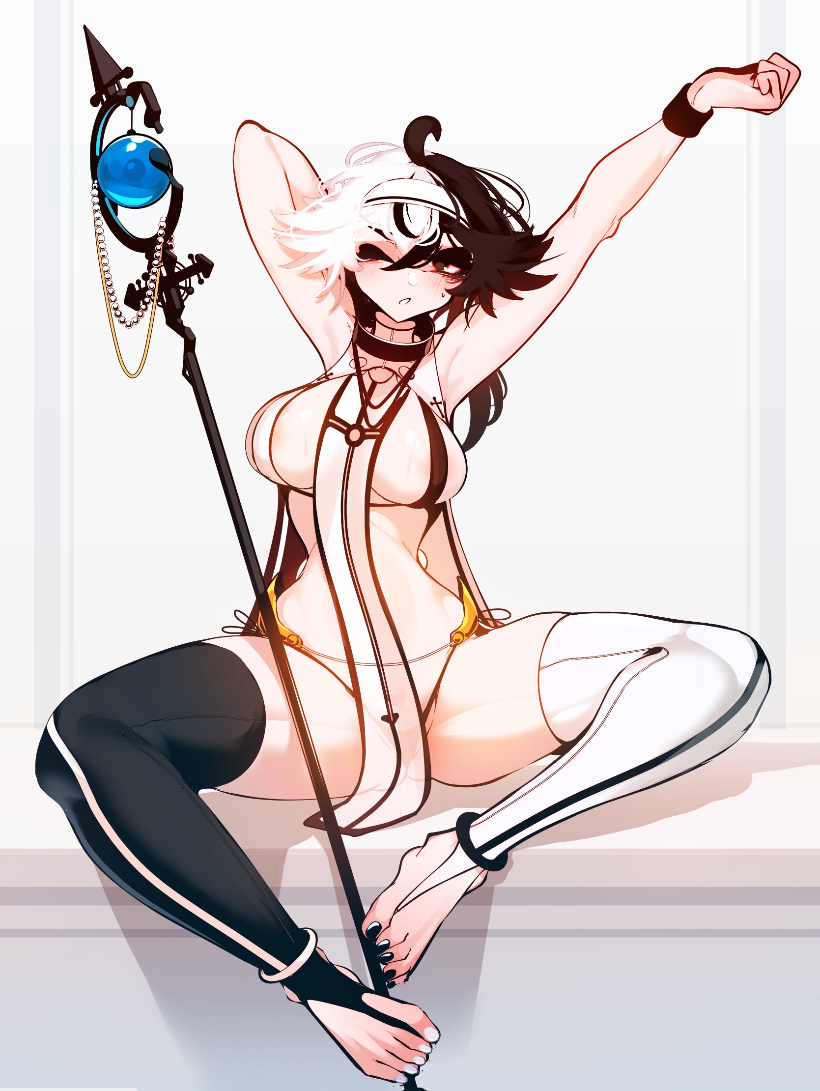 1girls, almost naked, arms up, black hair, breasts, cleric, feet, female, female only, hourglass figure, kyoko (sachiko2s), light skin, light-skinned female, loincloth, one eye closed, original character, relaxing, sachiko, sachiko lashes, short hair, solo, sweat, sweatdrop, thick thighs, thighhighs, thighs, two-tone hair, visible areolae, visible panties, weapon, white hair