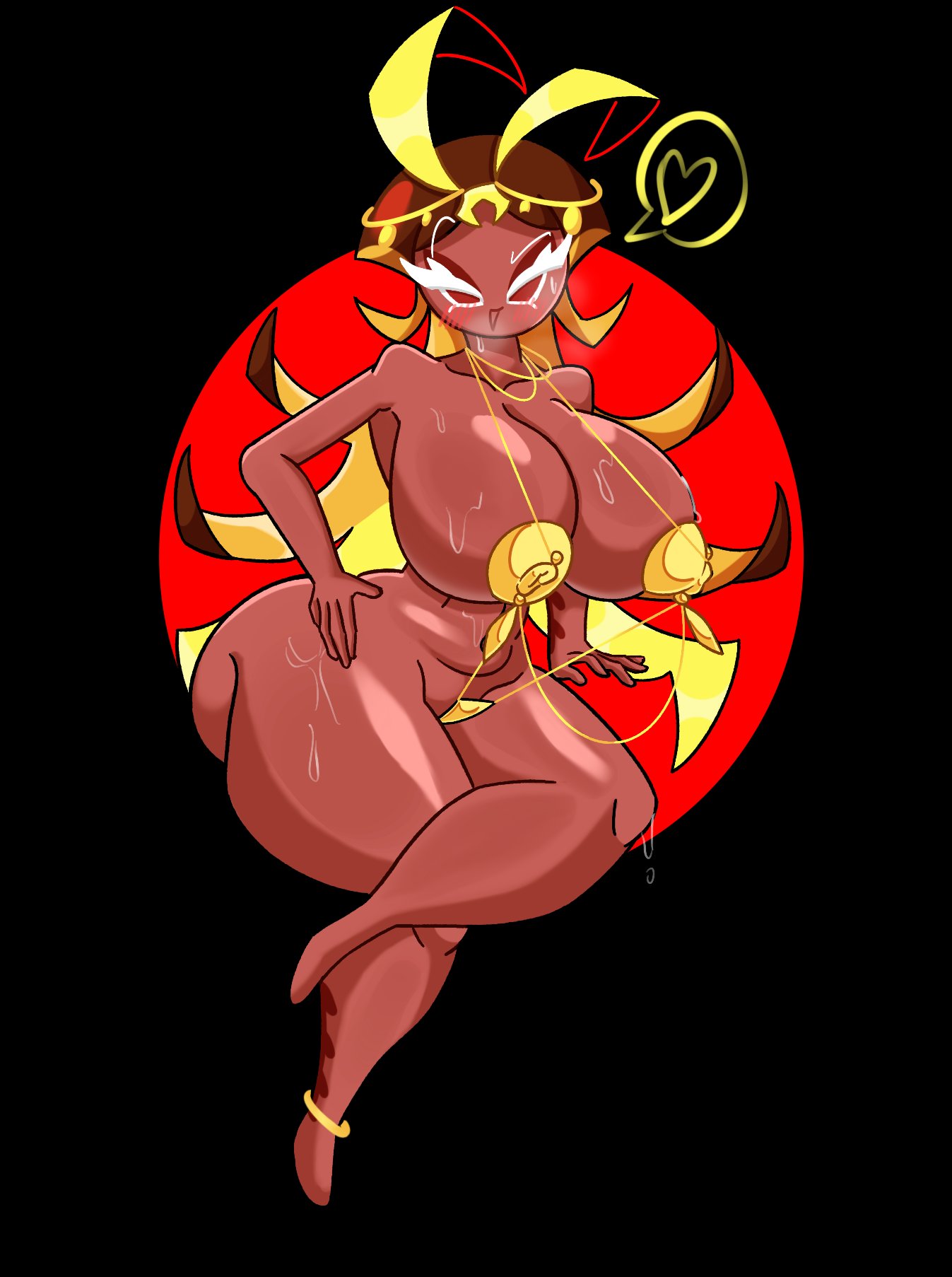 anklet big_ass big_breasts blush brown_hair centipede_cookie cookie_run cookie_run_ovenbreak functionally_nude gold_jewelry gold_nipples gold_ring hands_on_hips headwear heart houvandie long_hair multicolored_hair pierced_nipples practically_nude sweat tagme thick_thighs yellow_hair