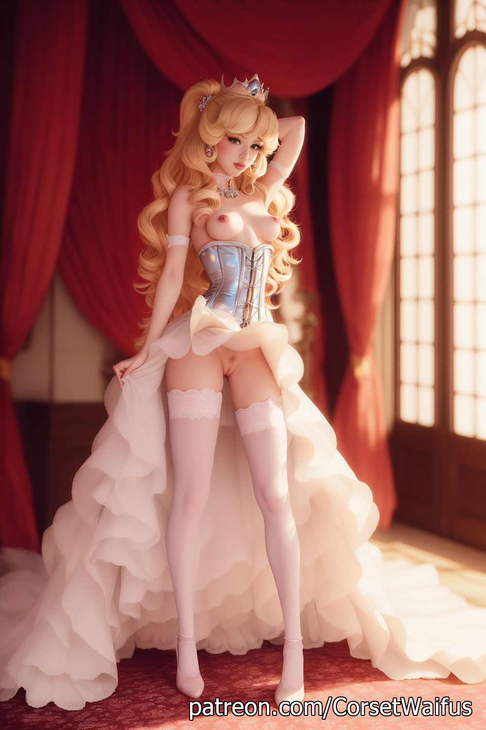 1girls, ai generated, blonde hair, blue eyes, breasts, corset, female, large breasts, looking at viewer, mario (series), nintendo, nipples, patreon, princess peach, solo, stable diffusion, thighhighs
