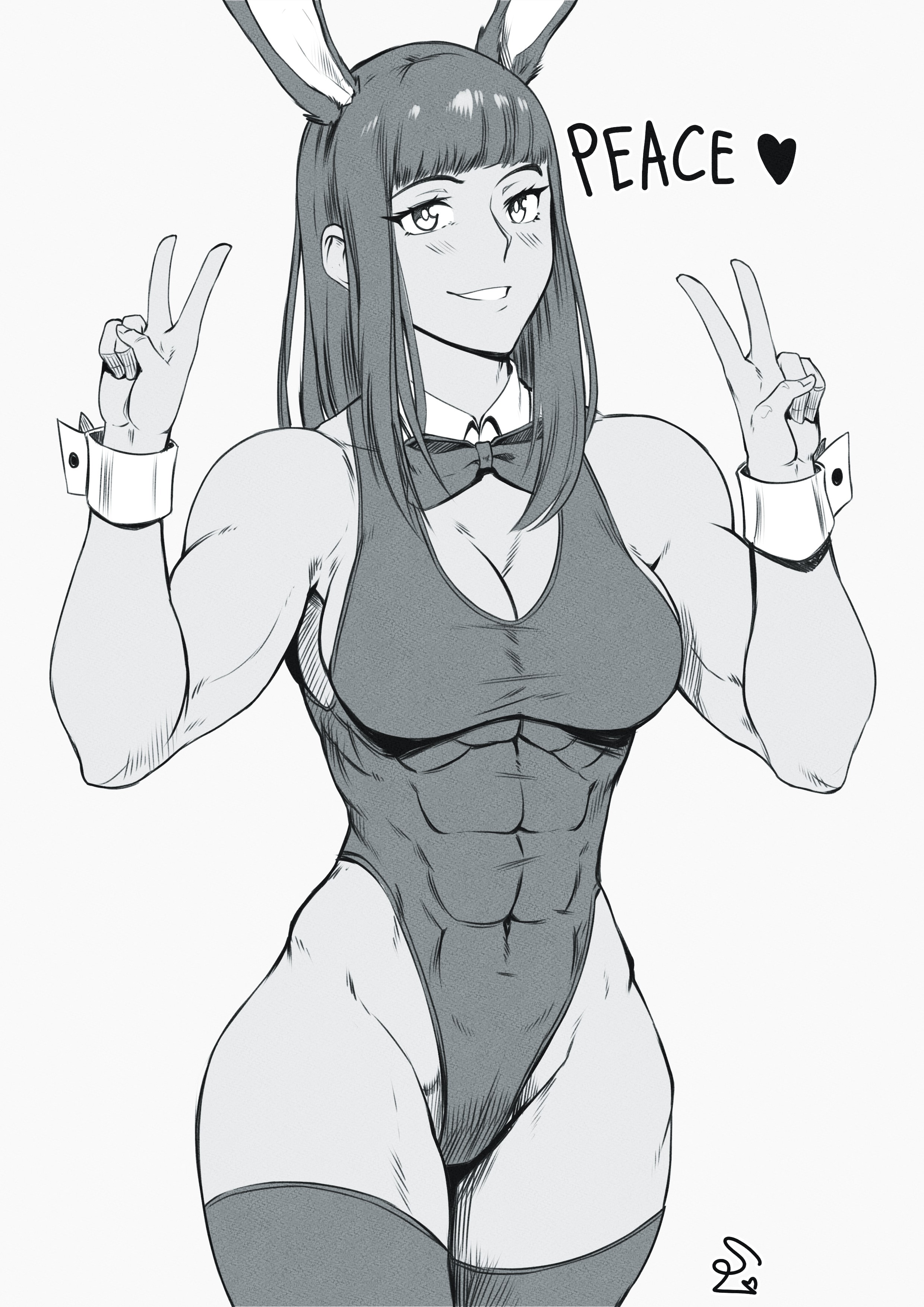 1girls, 2022, abs, animal ears, biceps, breasts, bunny ears, bunnysuit, cleavage, female, greyscale, highleg, highleg leotard, leotard, looking at viewer, medium breasts, monochrome, muscular, muscular female, navel, obliques, original, original character, playboy bunny, simple background, solo, speedl00ver, thick thighs, thighhighs, v, white background