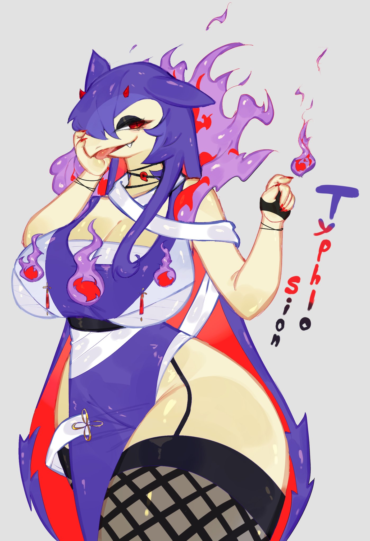 anthro, anthrofied, big breasts, breasts, cleavage, clothed, clothing, female, fur, hisuian typhlosion, nintendo, pokemon, pokemon (species), solo, thick thighs, togetoge, typhlosion, wide hips