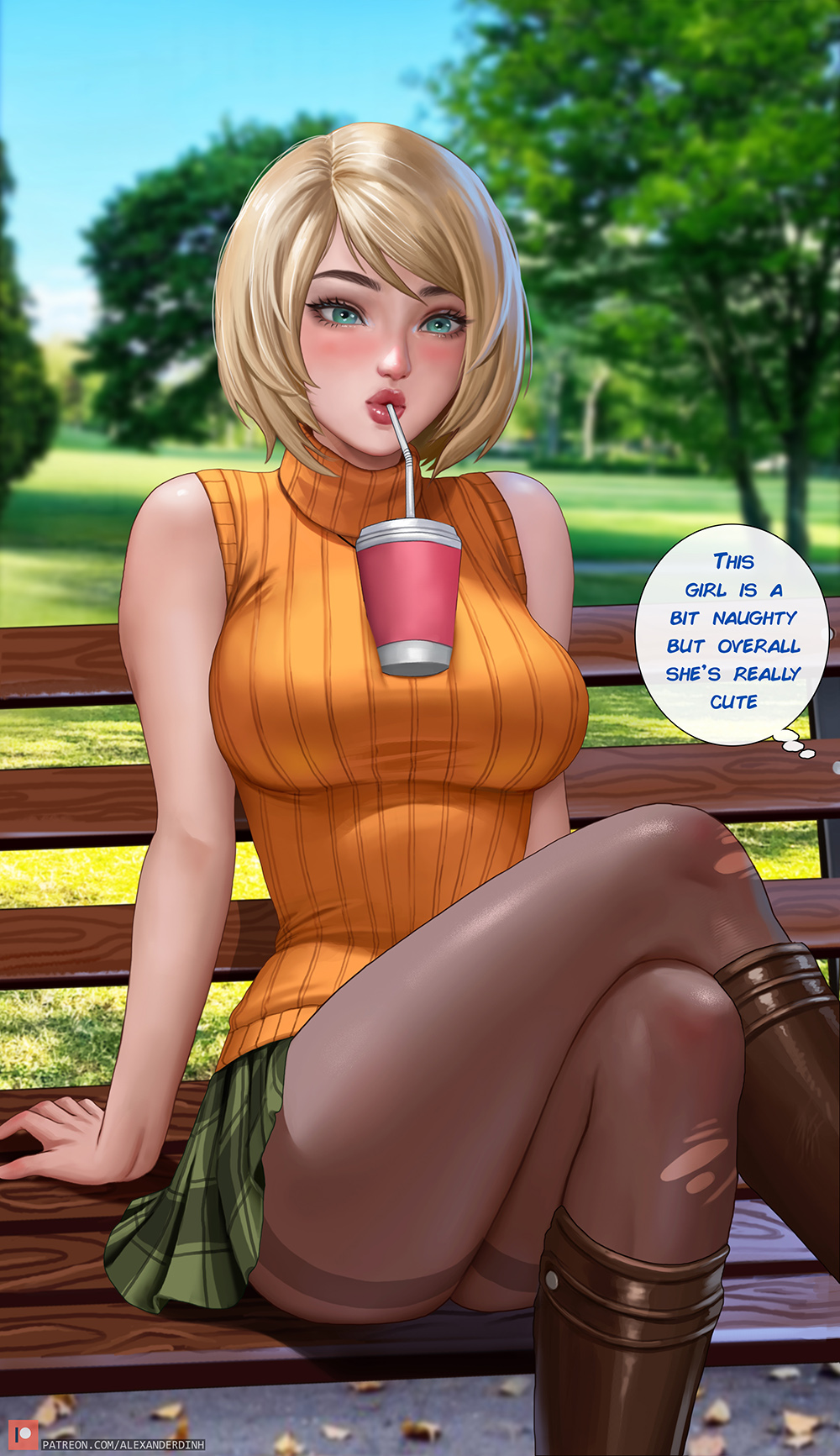 1girls, alexander dinh, american, aqua eyes, ashley graham, ashley graham (ella freya), big breasts, blonde hair, blue eyes, blushing, breasts, busty, capcom, checkered skirt, cleavage, curvaceous, curvy, curvy figure, cute, digital drawing (artwork), digital media (artwork), eyebrows, eyelashes, eyes, female, female focus, fit, fit female, green eyes, hair, hips, hourglass figure, huge breasts, human, large breasts, legs, light skin, light-skinned female, lips, looking at viewer, medium hair, miniskirt, park bench, petite, resident evil, resident evil 4, resident evil 4 remake, seductive eyes, seductive look, seductive mouth, skirt, slim, teenager, thick, thick legs, thick thighs, thighs, toned, toned female, top heavy, turtleneck, upper body, voluptuous, waist, wide hips
