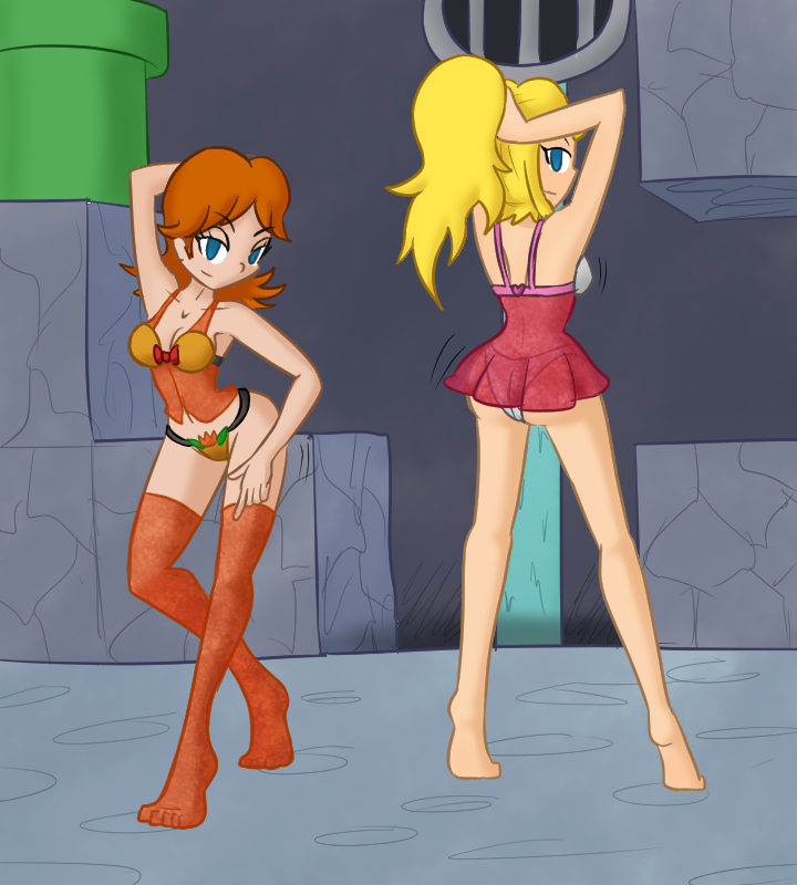 2girls ass bimbo breasts dancing duo female female_only full_body hypnosis mario_(series) multiple_girls mythkaz nintendo pose princess_daisy princess_peach standing super_mario_bros. tagme thighs warp_pipe wide_hips