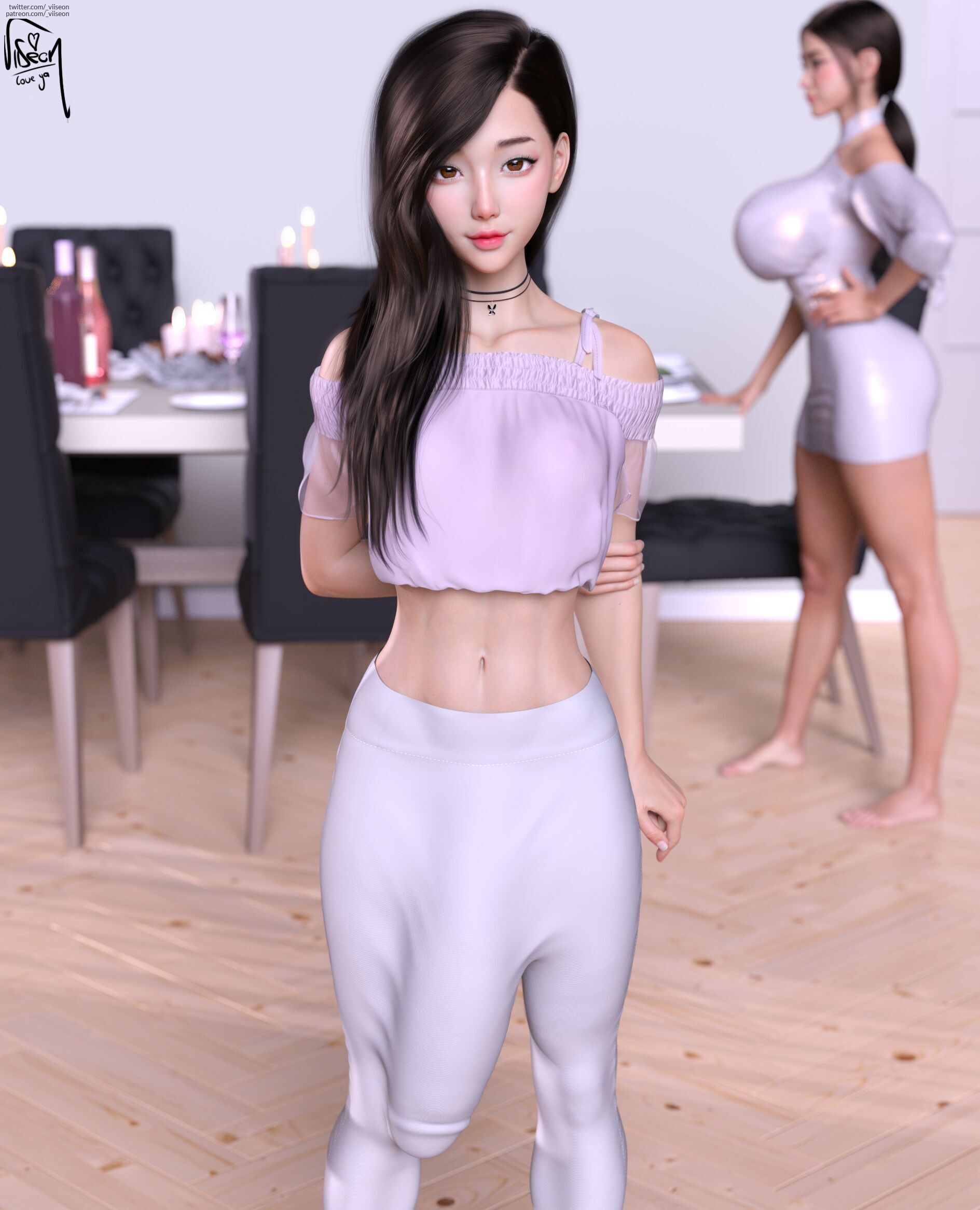 1futa, 1girls, 3d, artist name, artist signature, background character, barefoot, belly button, big breasts, big penis, breasts, bulge, bulge down leg, clothed, crop top, erection under clothing, feet, female, futanari, hana (viiseon), huge breasts, huge cock, hyper penis, indoors, inside, intersex, leggings, light skin, light-skinned female, light-skinned futa, long hair, looking at viewer, navel, necklace, oc, original, original character, patreon username, penis, penis bulge, penis under clothes, petite, smile, smiling, smiling at viewer, staring, staring at viewer, thick penis, twitter username, viiseon