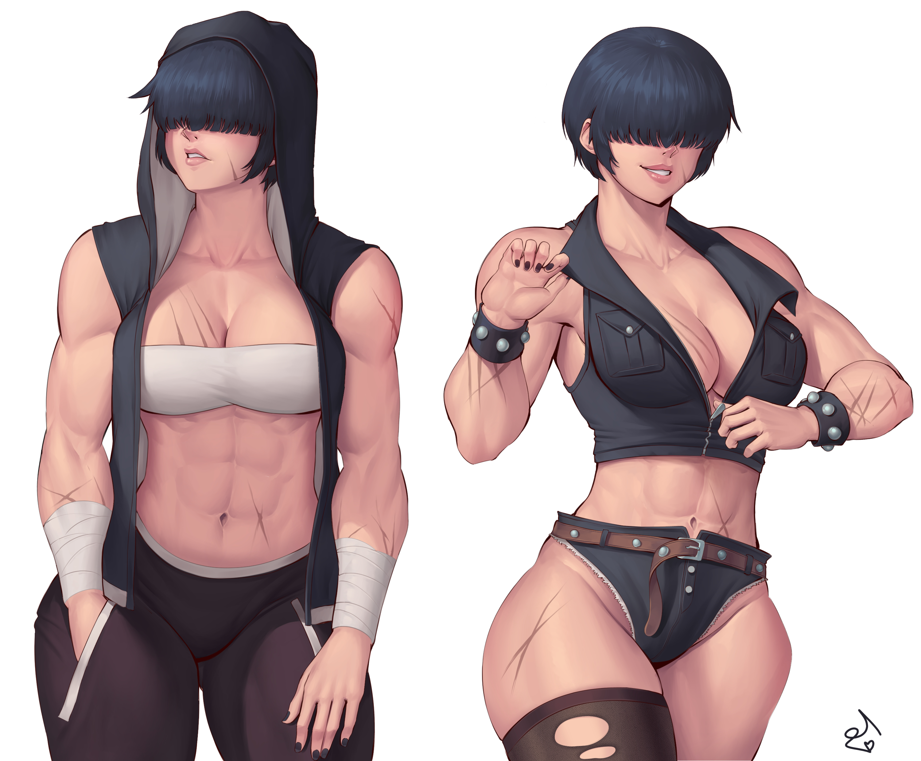 1girls, 2022, abs, absurd res, bandage, black hair, black nails, bowl cut, bracelet, cleavage, covered eyes, denim shorts, eyes covered, female, hair over eyes, hi res, muscular, muscular arms, muscular female, nail polish, navel, original, original character, scar, shorts, signature, simple background, speedl00ver, thick thighs, thighhighs, white background