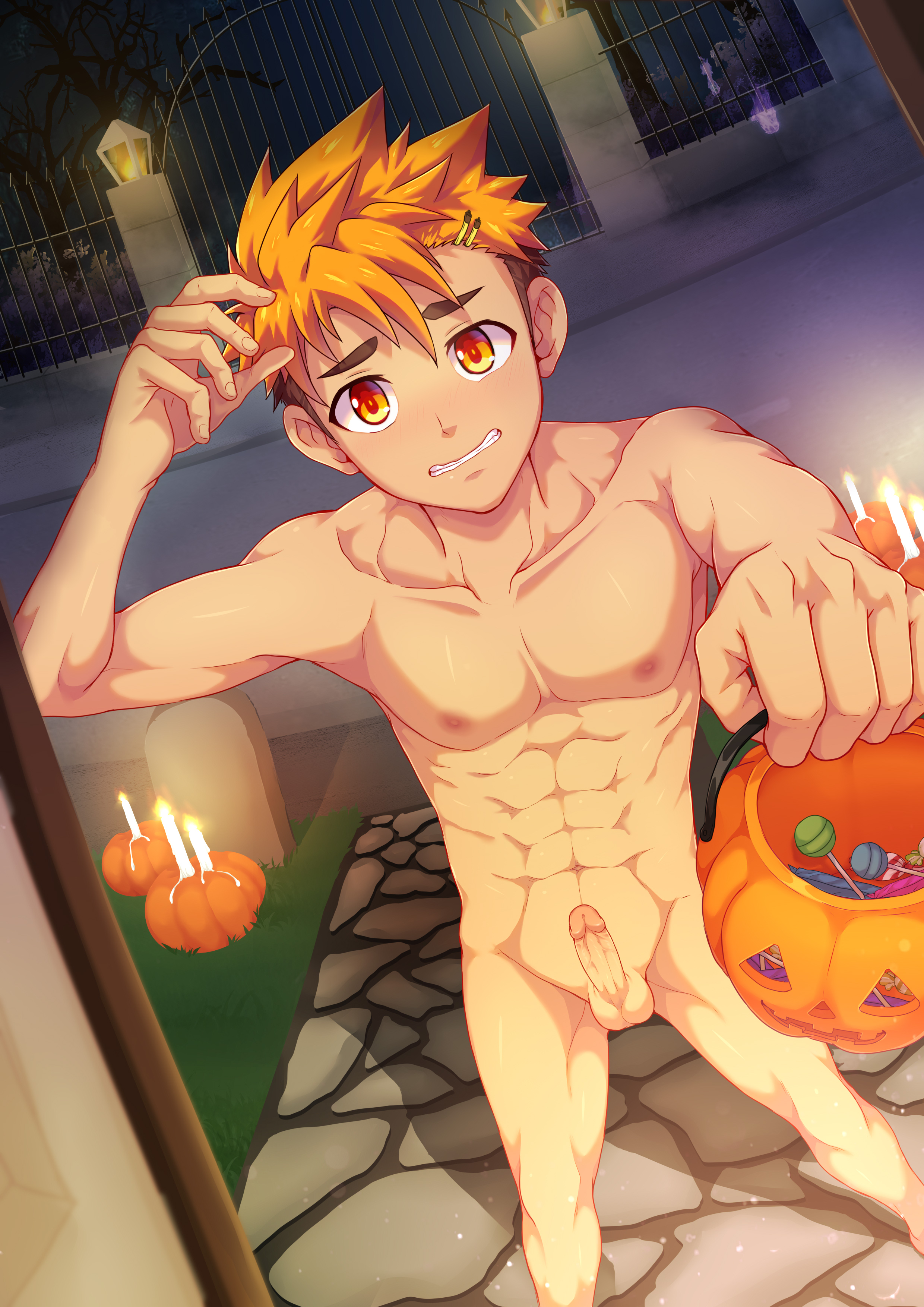 boy, boys, camp buddy, erection, gay, halloween, halloween decoration, hard on, hiro akiba, image, male, male only, orange hair, perfect body, skinny, teenager, young