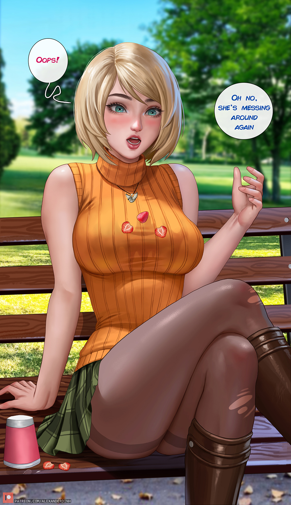 1girls, alexander dinh, american, aqua eyes, ashley graham, ashley graham (ella freya), big breasts, blonde hair, blue eyes, blushing, breasts, busty, capcom, checkered skirt, cleavage, curvaceous, curvy, curvy figure, cute, digital drawing (artwork), digital media (artwork), eyebrows, eyelashes, eyes, female, female focus, fit, fit female, green eyes, hair, hips, hourglass figure, huge breasts, human, large breasts, legs, light skin, light-skinned female, lips, medium hair, miniskirt, park bench, petite, resident evil, resident evil 4, resident evil 4 remake, seductive eyes, seductive look, seductive mouth, skirt, slim, teenager, thick, thick legs, thick thighs, thighs, toned, toned female, top heavy, turtleneck, upper body, voluptuous, waist, wide hips