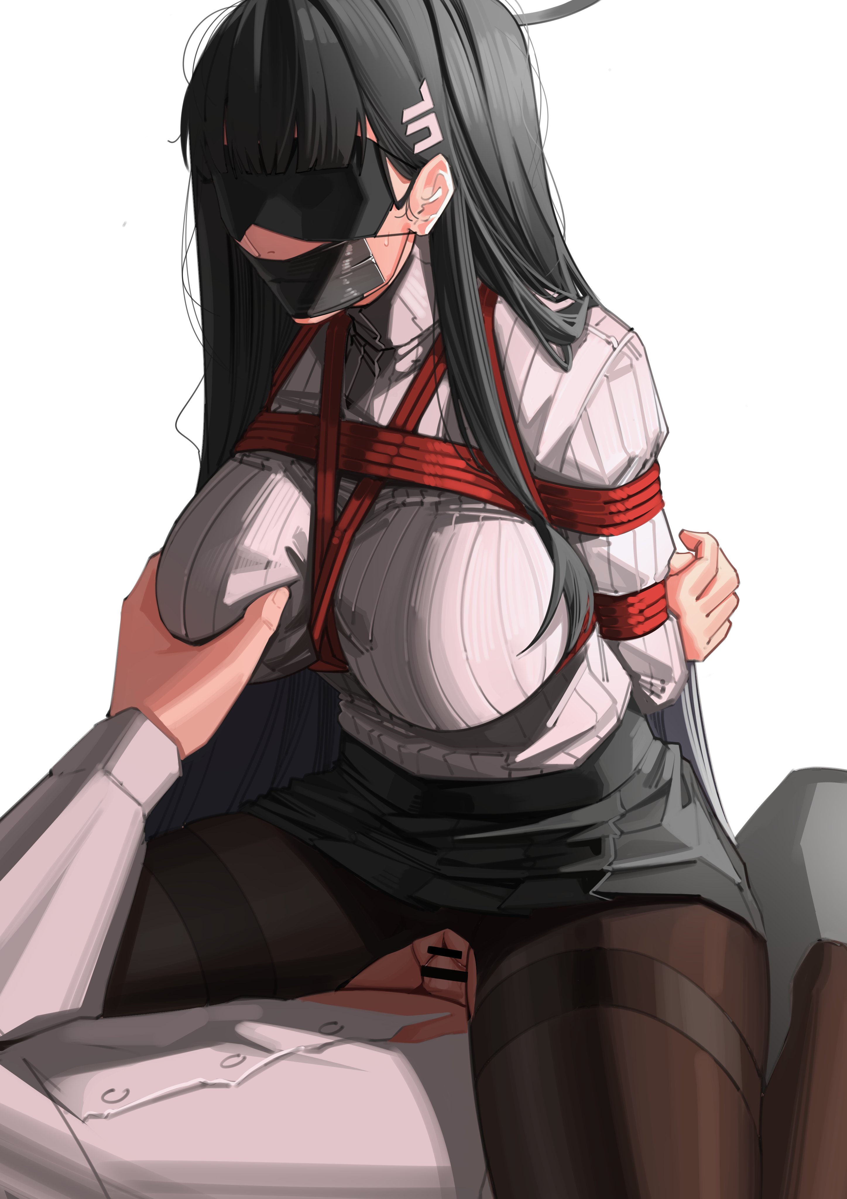 1boy, 1girls, big breasts, black hair, blindfold, blue archive, blush, bondage, bound, breast grab, breasts, censor bar, censored, clothed, exposed pussy, female, female on top, gag, gagged, harris hero, hi res, light skin, light-skinned female, light-skinned male, long hair, male, millennium science school student, pantyhose, penis, pussy, red eyes, restrained, rio (blue archive), rope, rope bondage, seminar (blue archive), sex, skirt, sweat, tape, tape gag, tied, tied up, torn clothes, torn pantyhose, vaginal penetration