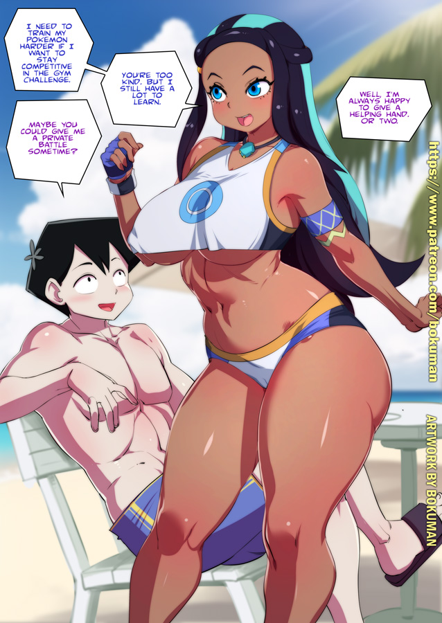 1boy, 1girls, ass hanging out, ass hanging out of shorts, black hair, blue eyes, bokuman, booty shorts, breasts, brown skin, crossover, dark skin, dark-skinned female, dialogue, english text, female, huge breasts, imminent sex, interracial, komi-san wa komyushou desu, light skin, light-skinned female, long hair, male, nessa (pokemon), nintendo, pokemon, pokemon ss, short shorts, shorts, tadano hitohito