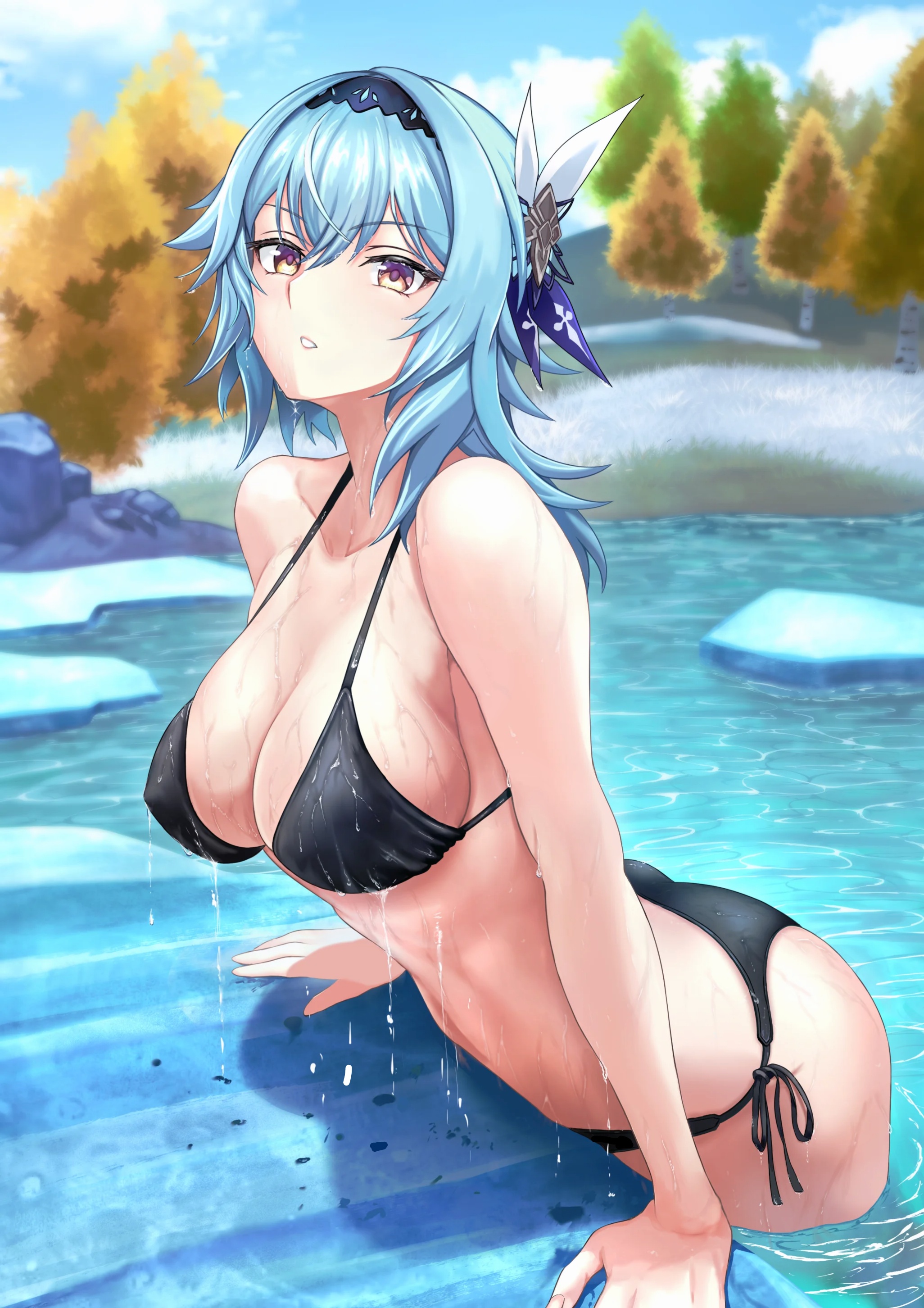 bikini, bikini bottom, bikini top, black bikini, cleavage, cyan hair, eula (genshin impact), female, female only, genshin impact, multicolored eyes, revealing clothes, solo, wet, white skin