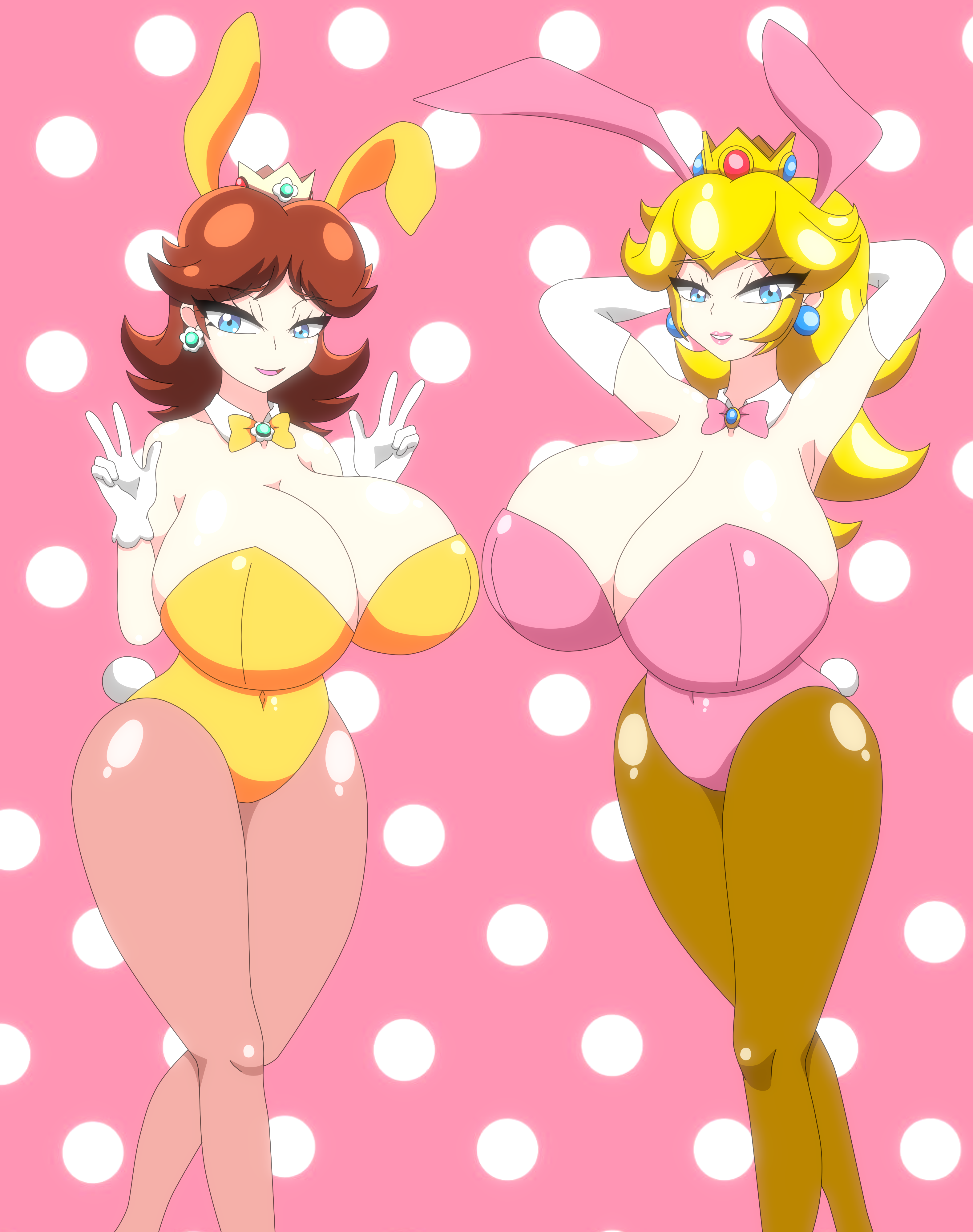 arm gloves, blonde hair, blue eyes, bow tie, breasts, breasts bigger than head, brooch, brown hair, bunny daisy, bunny ears, bunny girl, bunny peach, bunny tail, bunnysuit, cleavage, crown, earrings, easter, female, gloves, hands behind head, huge breasts, large breasts, long blonde hair, long brown hair, long hair, looking at viewer, mario (series), nintendo, peace sign, playboy bunny, polka dot background, princess daisy, princess peach, self upload, shirt collar, super mario land, super mario land 2, thick thighs, xml xrossover (artist)