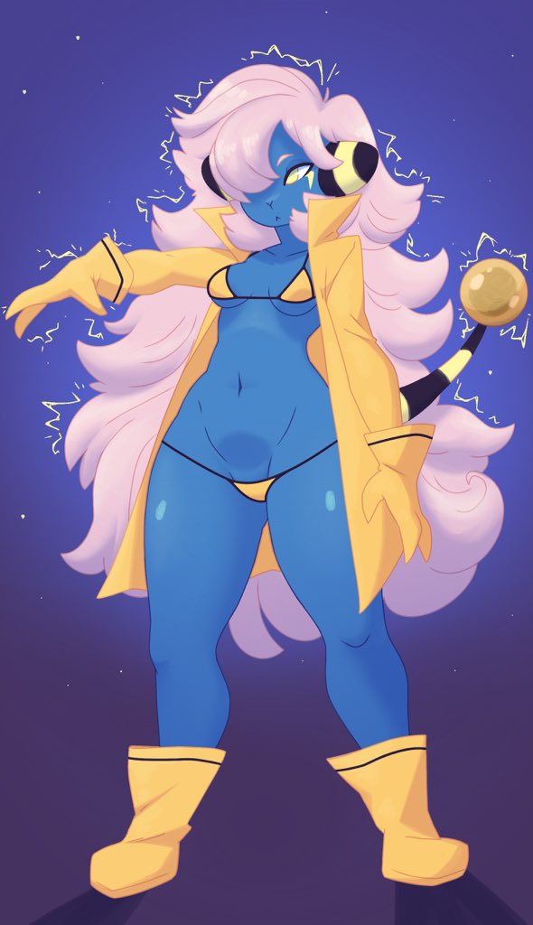 :< anthro anthrofied big_breasts breasts cleavage clothing dullyarts female furry furry_only mareep nintendo pokemon pokemon_(species) solo standing tail thick_thighs wide_hips