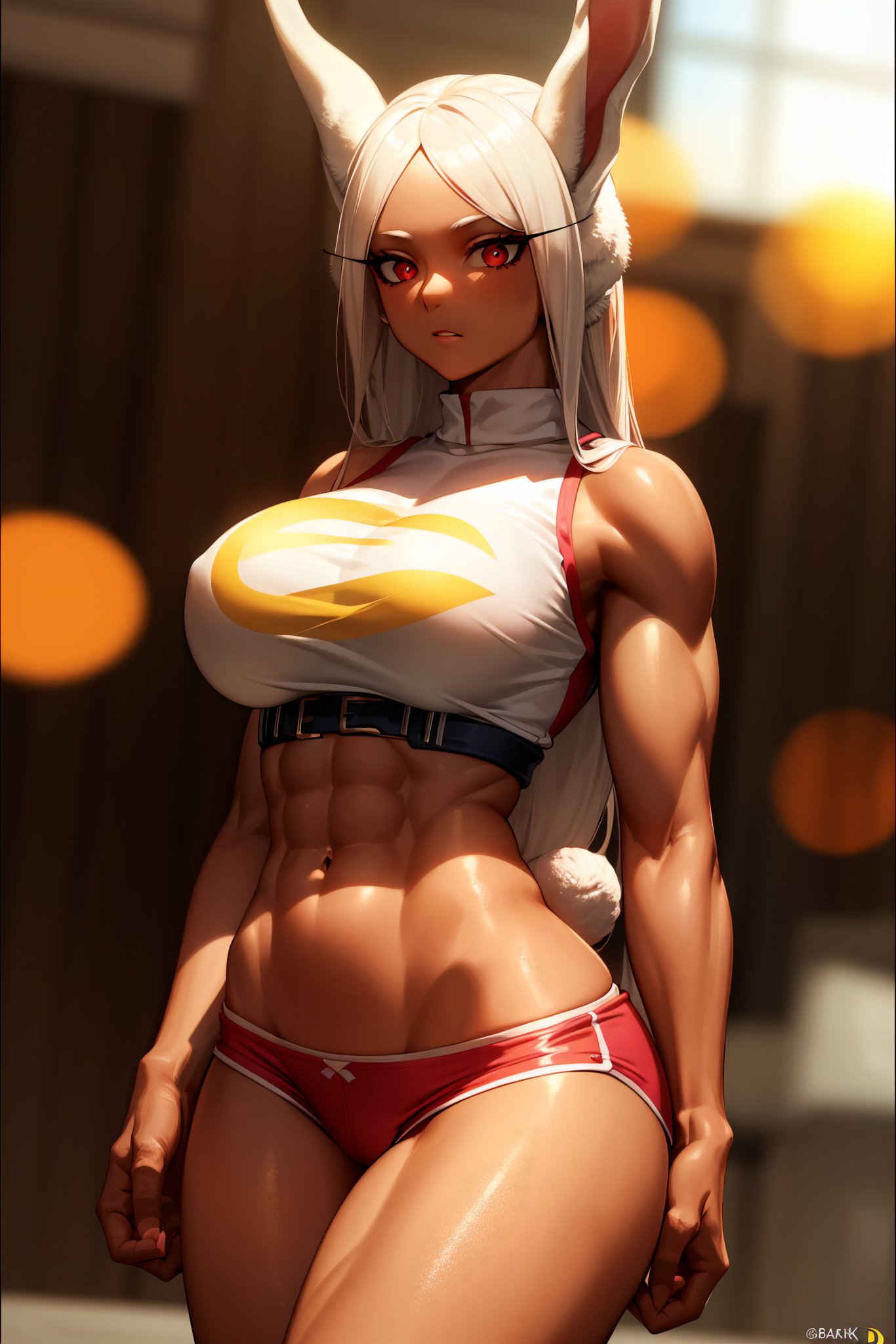 1girls, ai generated, breasts, bunny ears, bunny girl, curvaceous, curvy body, curvy female, curvy figure, female, gym uniform, hi res, huge breasts, looking at viewer, miruko, muscular, muscular female, my hero academia, rumi usagiyama, seductive look, stable diffusion, white hair