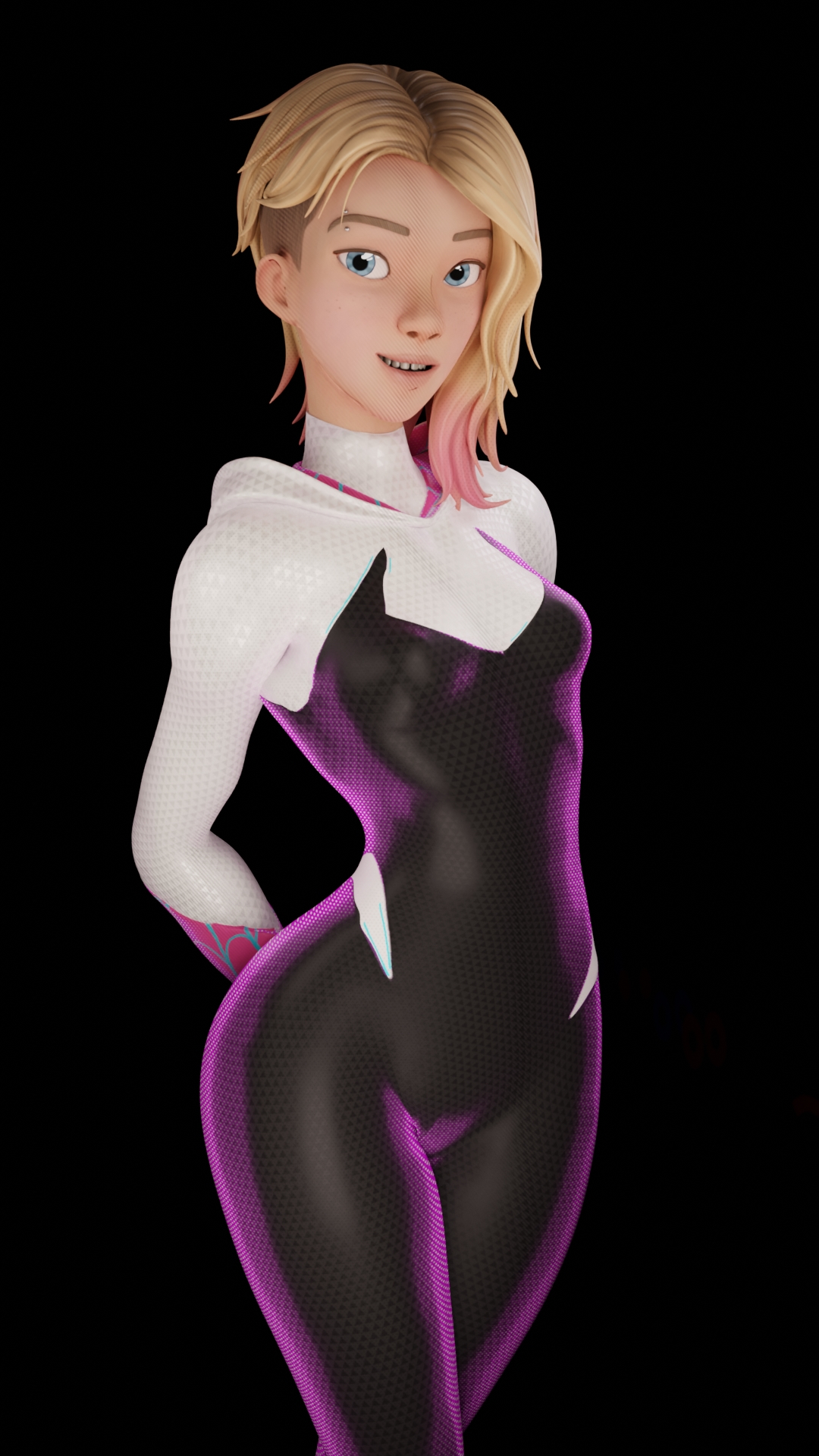 3d, blender, blonde hair, blue eyes, breasts, clothing, eyebrow piercing, female, female focus, female only, greyarea55, gwen stacy, looking at viewer, marvel, marvel comics, pose, shaved side, solo, solo female, spider-gwen, spider-man (series)