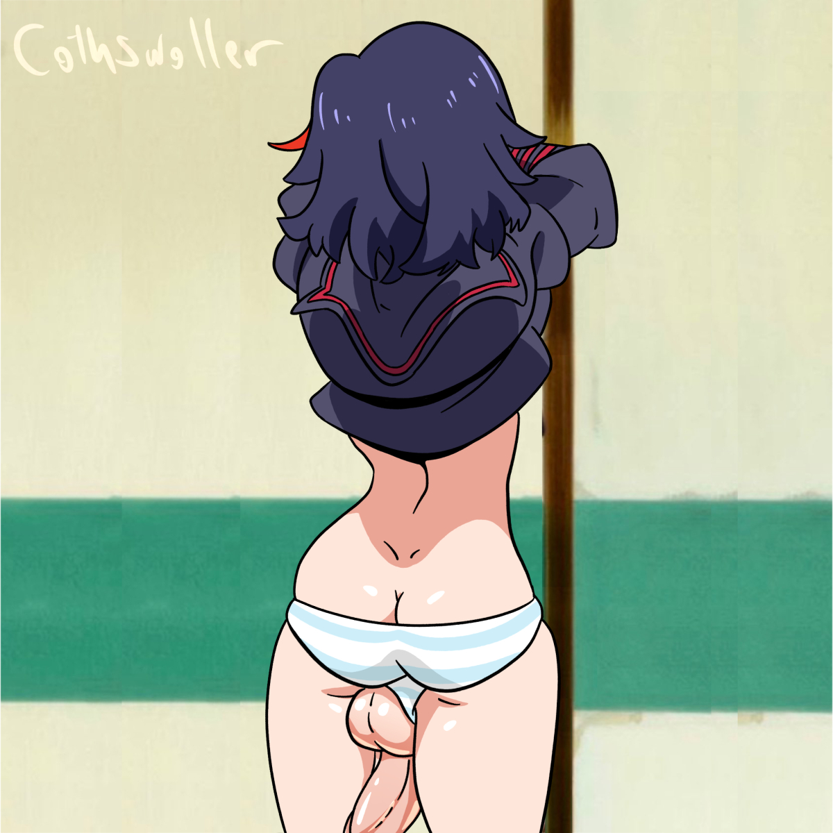 1futa, ass, ass cleavage, ass crack, back, back view, balls, big penis, breasts, butt crack, clothed, clothing, cock-tail, cothswoller, female, futa only, futanari, human, intersex, kill la kill, light skin, light-skinned futa, looking back, matoi ryuuko, meme, panties, partially clothed, penis, ryukoredraw, senketsu, short hair, solo, source request, standing, tomboy, undressing