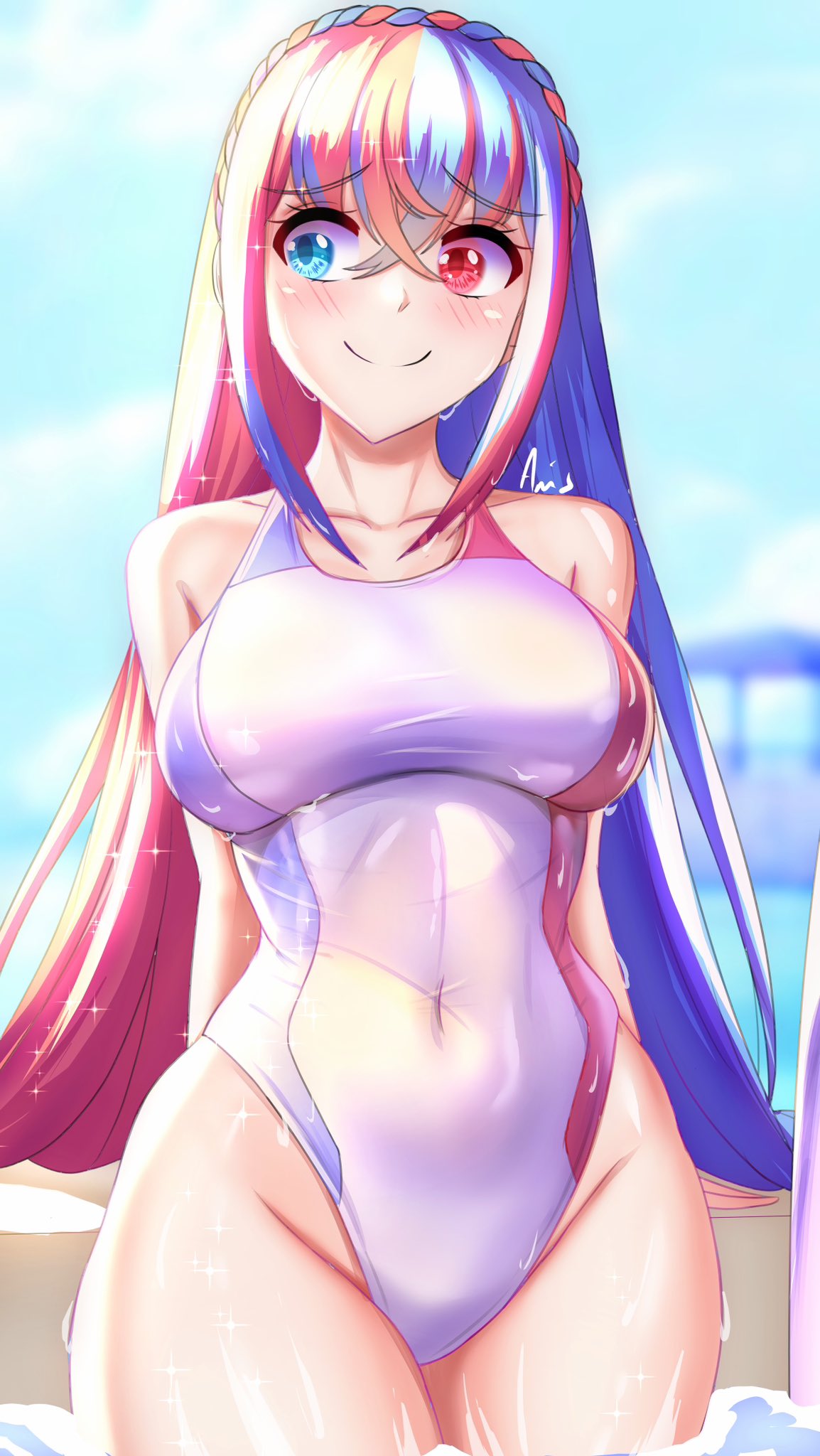 1girls, alear (fire emblem), alear (fire emblem) (female), alternate costume, anisdrawn, blue eyes, blue hair, blush, braid, breasts, crossed bangs, female, female only, fire emblem, fire emblem engage, heterochromia, highres, large breasts, long hair, looking at viewer, multicolored hair, nervous smile, nintendo, one-piece swimsuit, red eyes, red hair, smile, solo, split-color hair, swimsuit, thick thighs, thighs, tiara, two-tone hair, very long hair, wet, wet clothes, wet swimsuit, white one-piece swimsuit, white swimsuit