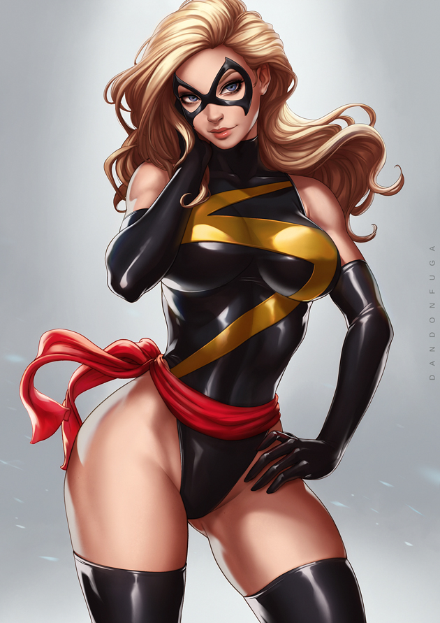 1girls, artist name, bare shoulders, black gloves, black leotard, black thighhighs, blonde hair, blue eyes, breasts, carol danvers, closed mouth, collarbone, commentary request, contrapposto, cowboy shot, dandon fuga, domino mask, elbow gloves, female, female only, fully clothed, gloves, grey background, groin, hand on own cheek, hand on own face, hand on thigh, head tilt, impossible clothes, impossible leotard, large breasts, leotard, lips, long hair, looking at viewer, marvel, marvel comics, mask, ms. marvel, ms. marvel (carol danvers), red lips, sash, simple background, skin tight, smile, solo, standing, thighhighs, thighs, watermark