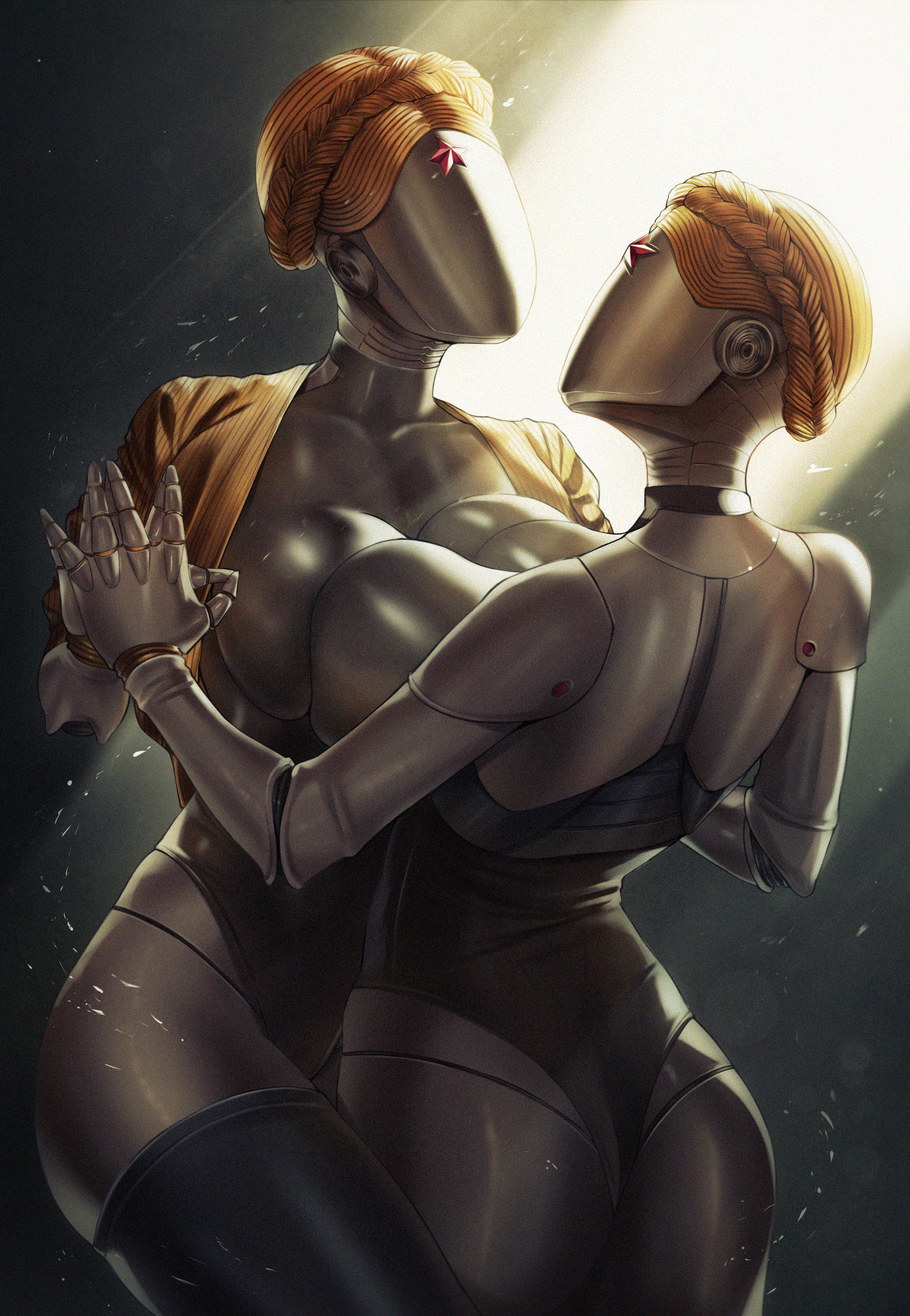 2girls, atomic heart, blonde hair, breast press, breasts, faceless, faceless female, female, female only, huge breasts, left (atomic heart), right (atomic heart), robot, robot girl, shirt, tagme, the twins (atomic heart), thighhighs, waligner