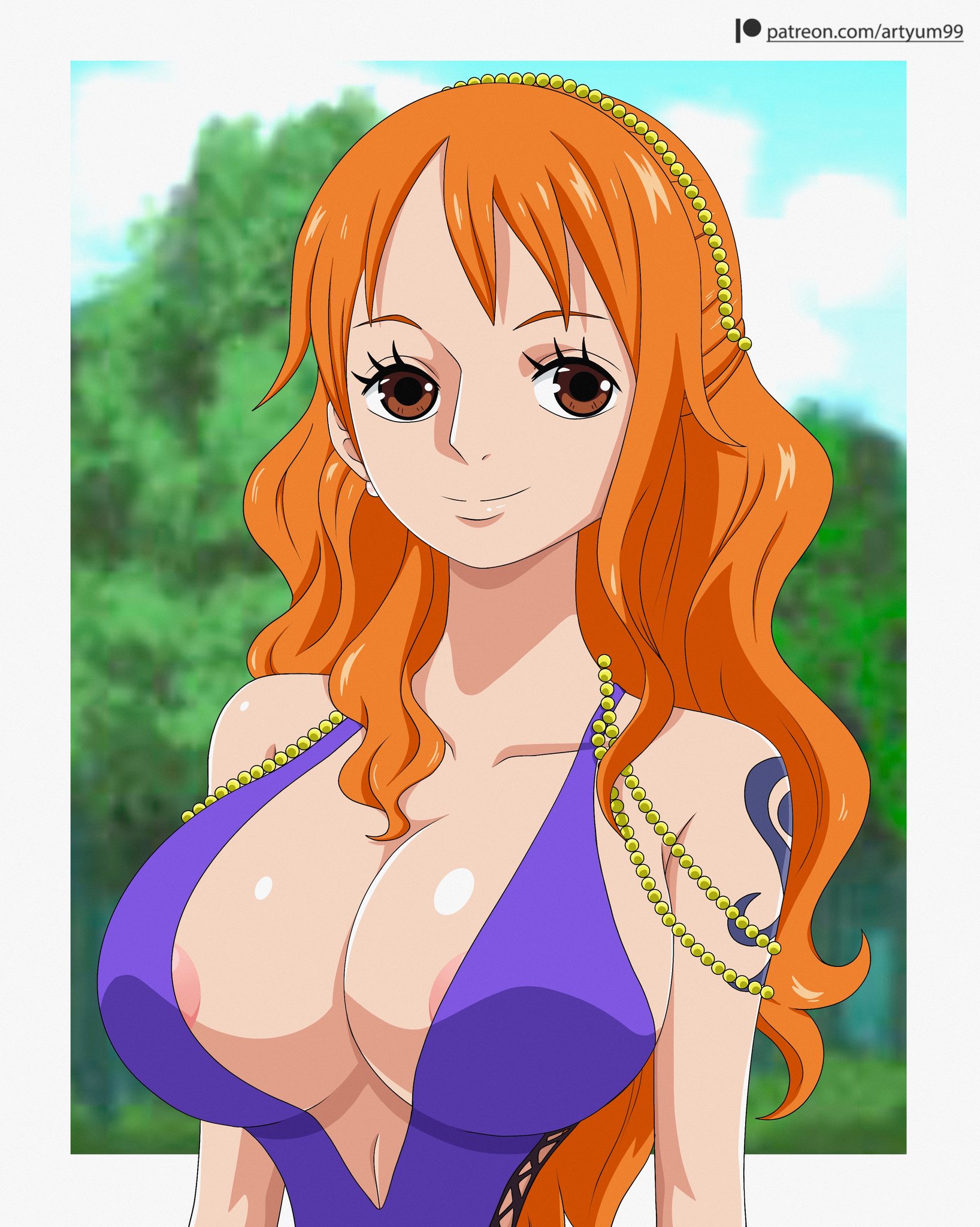 1girls, arm tattoo, artyum99, big breasts, blue tattoo, blurry background, breasts, brown eyes, cleavage, dress, earrings, eyelashes, female, female only, jewelry, large breasts, long hair, nami (one piece), nami (one piece) (zou), nip slip, nipple slip, nipples, one piece, one piece: zou arc, orange hair, orange-haired female, outdoors, post-timeskip, purple dress, sleeveless dress, smile, solo, solo female, tagme, tattoo, tattoo on arm, tattooed arm, upper body, wavy hair, white border, white earrings
