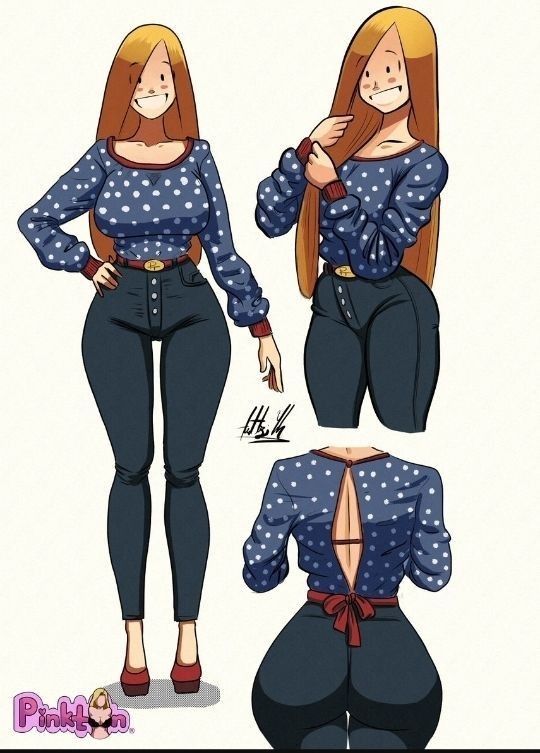 1girls, 2d, breasts, female, ginger hair, huge breasts, jakeline (pinktoon), pinktoon, simple background, solo female, tagme, white background, wide hips
