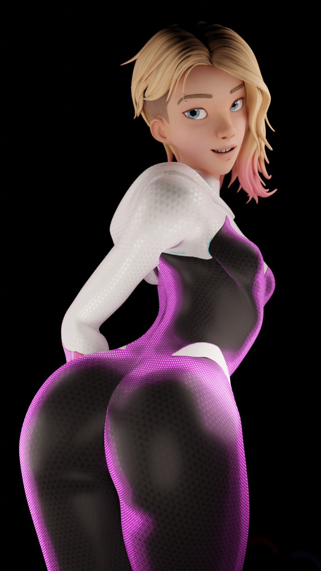 3d, ass, ass focus, clothed, clothing, eyebrow piercing, female, female focus, fortnite, greyarea55, gwen stacy, marvel, marvel comics, pose, shaved side, solo, solo female, spider-gwen, spider-man (series)