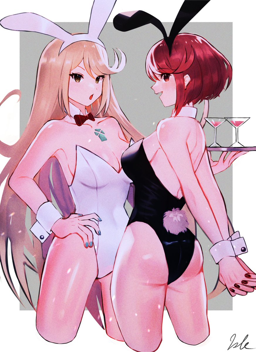 2girls, arms behind back, ass, back, black leotard, blonde hair, bowtie, breasts, bunny ears, bunny tail, bunnysuit, core crystal, cuff links, cup, detached collar, duo, fake animal ears, fake tail, female, female only, holding tray, kyosuke1413koba, large breasts, latex, leotard, long hair, looking at viewer, looking back, multiple females, multiple girls, mythra, nintendo, painted fingernails, playboy, playboy bunny, pyra, red eyes, red hair, short hair, tray, waitress, white leotard, xenoblade (series), xenoblade chronicles 2, yellow eyes